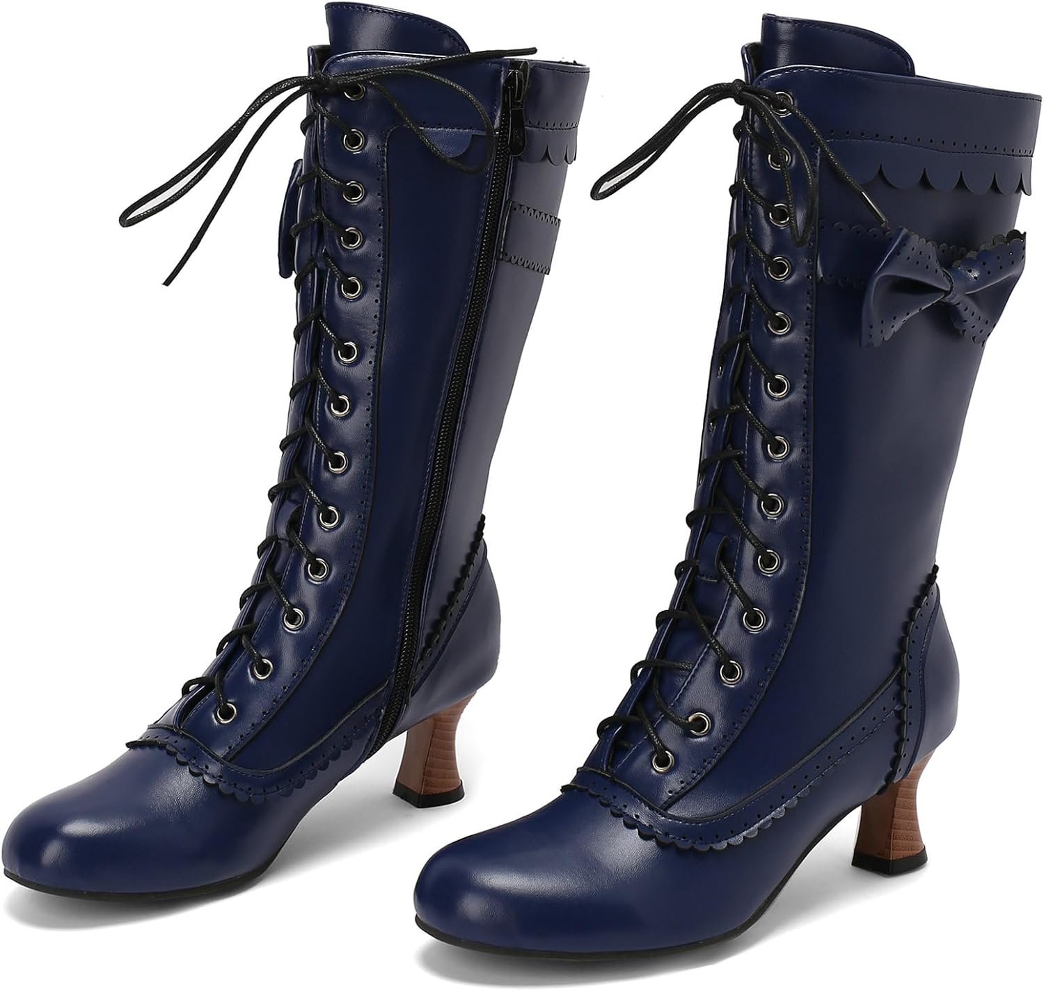 LUXMAX Women Gothic Victorian Boots Low Kitten Heel Mid Calf Boots Lace Up Cute Bow Boots for Ladies Witch Shoes - Image 3