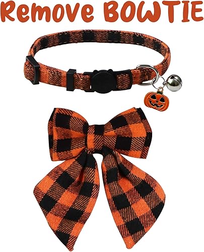 Vista 4 de STMK Paquete de 2 collares de gato de Halloween con campana de lazo, ajustable para Halloween, gato, gatito, collar con campana de calabaza