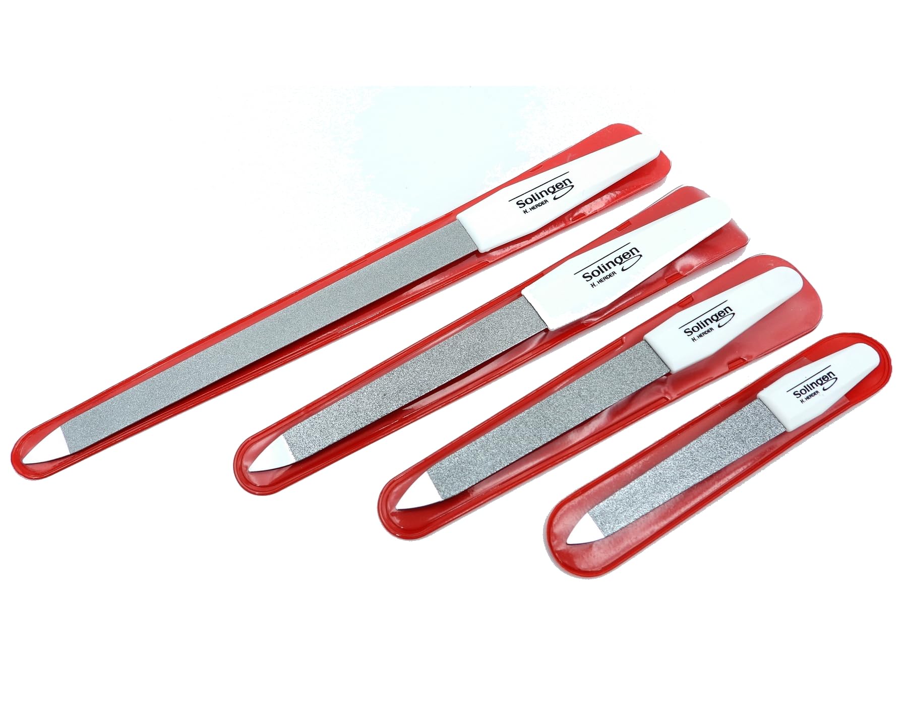 Hochwertige Nagelfeile - Solingen Set 4-teilig Saphirnagelfeile Fein - Grob in 4 Größen - Maniküre und Pediküre - Die original H.Herder Nagelfeilen 10-20cm
