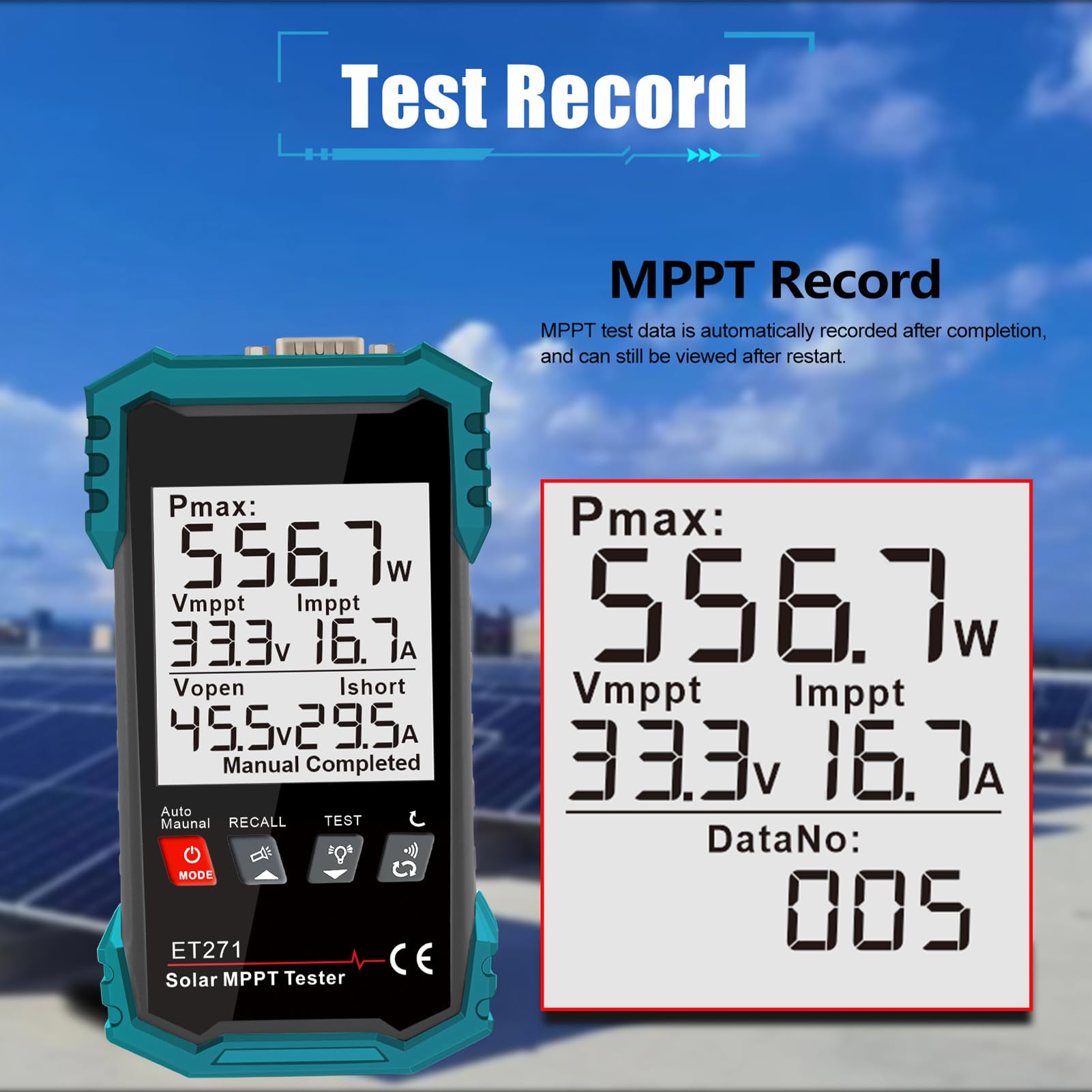 Tester solare da 1600 W, tester digitale portatile MPPT con modalità auto/manuale, tensione a vuoto, punto di potenza massimo (potenza/tensione/corrente), batteria da 1250 mAh