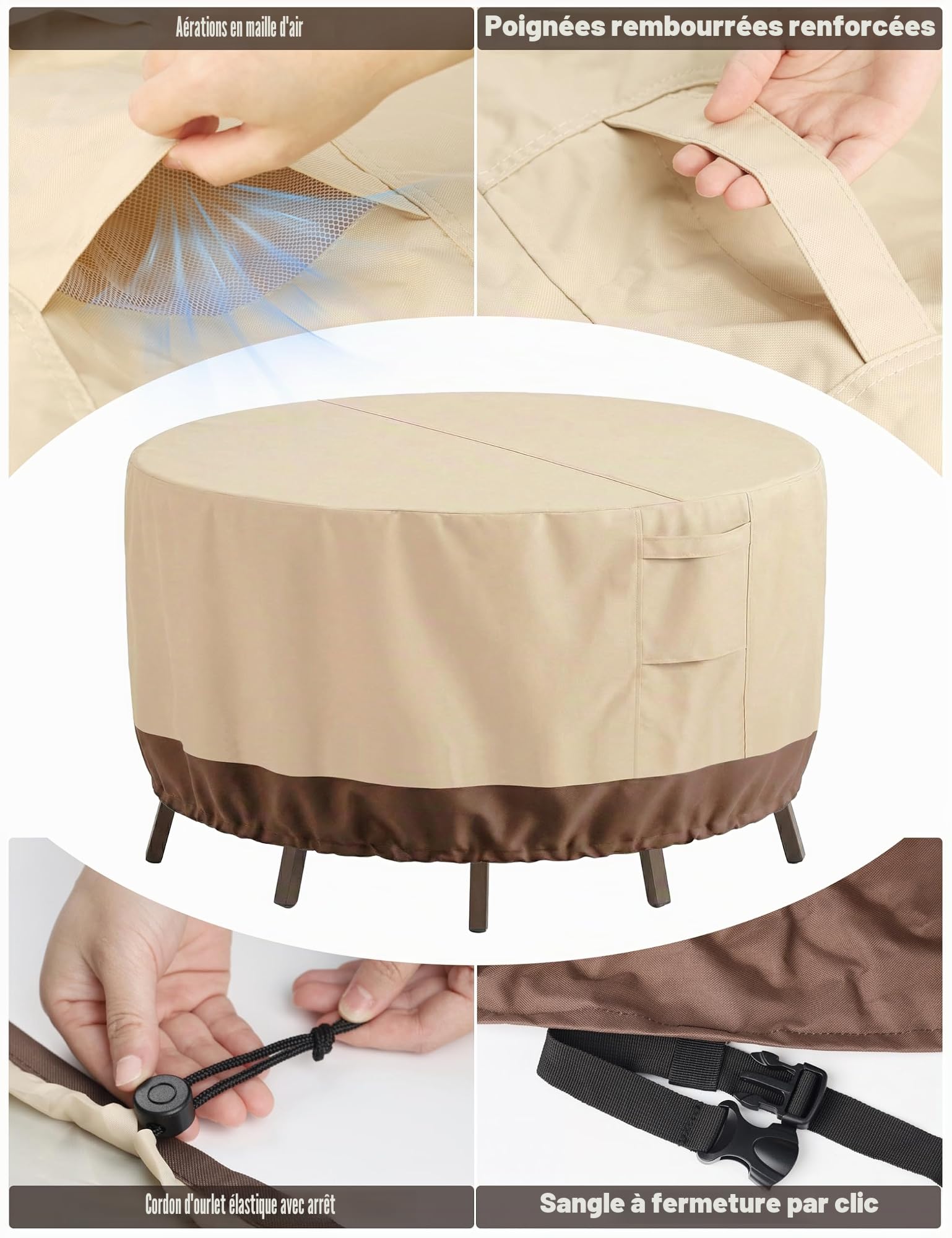 Vailge Housse ronde pour meubles de terrasse, 100 % imperméable, anti-décoloration, résistante aux UV, pour table et chaises, beige et marron, 157,5 x 71 cm (dia. x H)