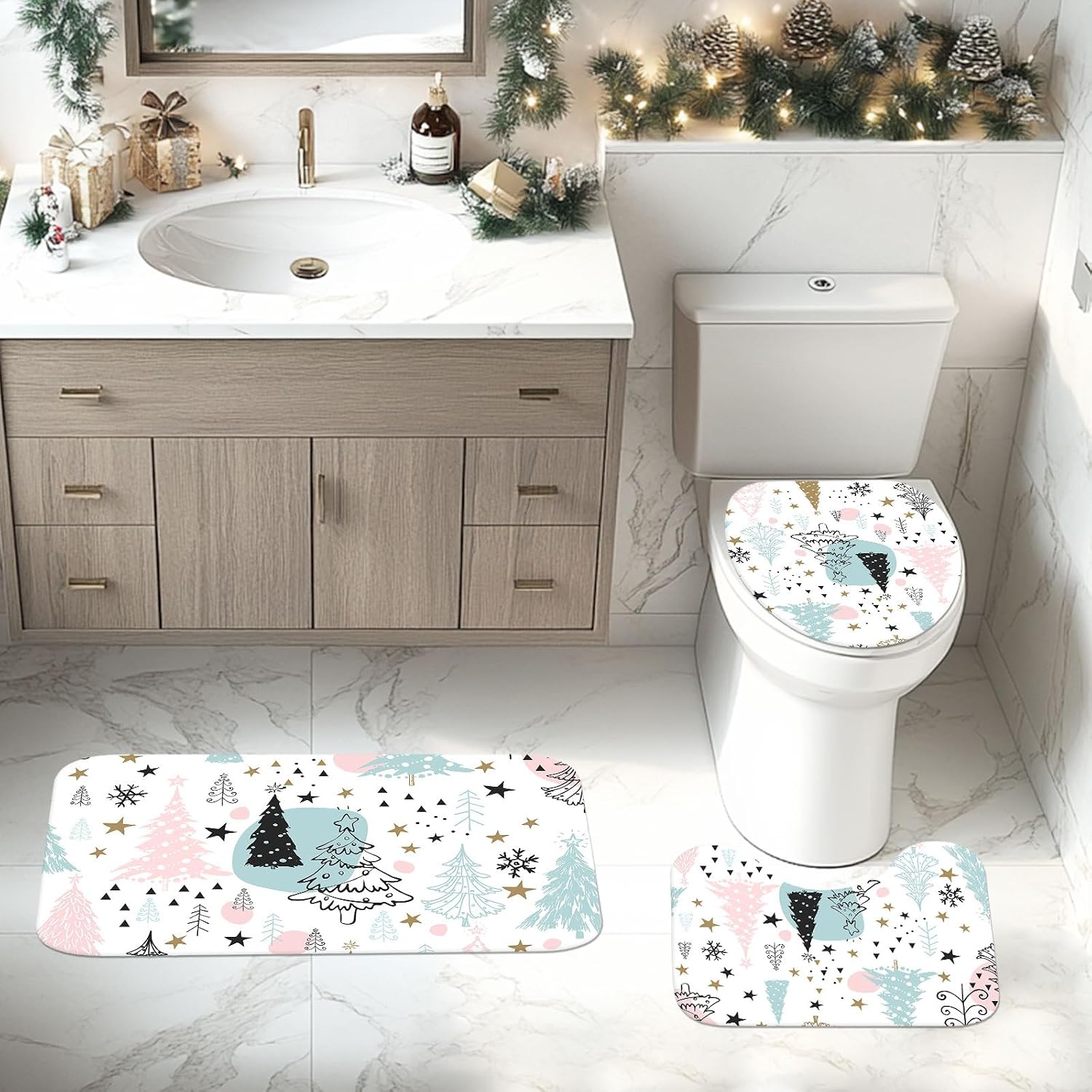 Christmas Shower Curtain Sets 4pcs Winter Pine Tree Christmas Bathroom Decor Set with Shower Curtain Rugs Toilet Lid Cover, Xmas Tree Holiday Bath Curtain with 12 Hooks (Pink, 71" L x 71" W)
