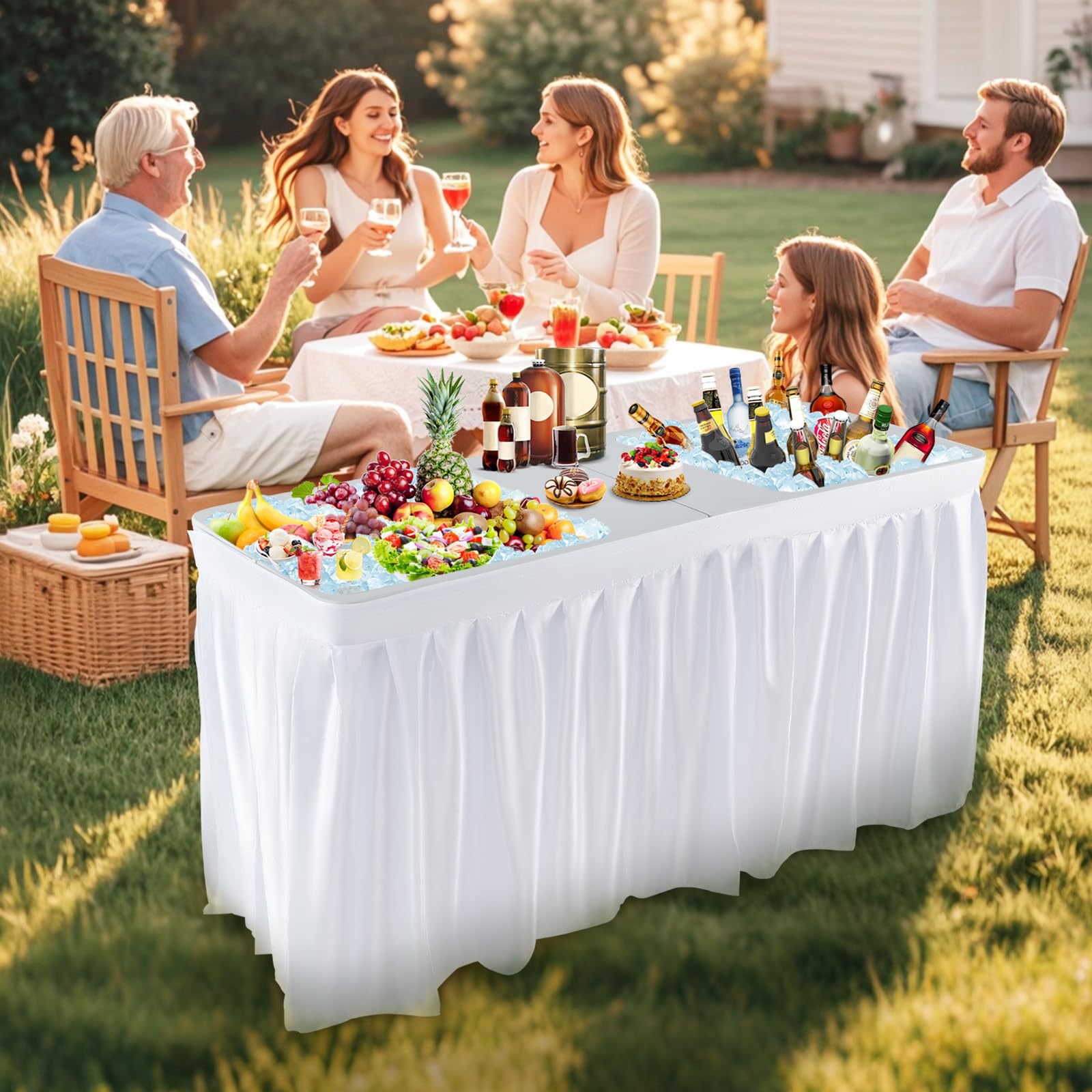 GIANTEX klappbarer Eiskühltisch, Kühltisch mit tiefer Doppelspüle & Entwässerungsloch, Getränkekühler mit abnehmbarem Tischrock, tragbarer Gartentisch für Party, Camping, Picknick & BBQ