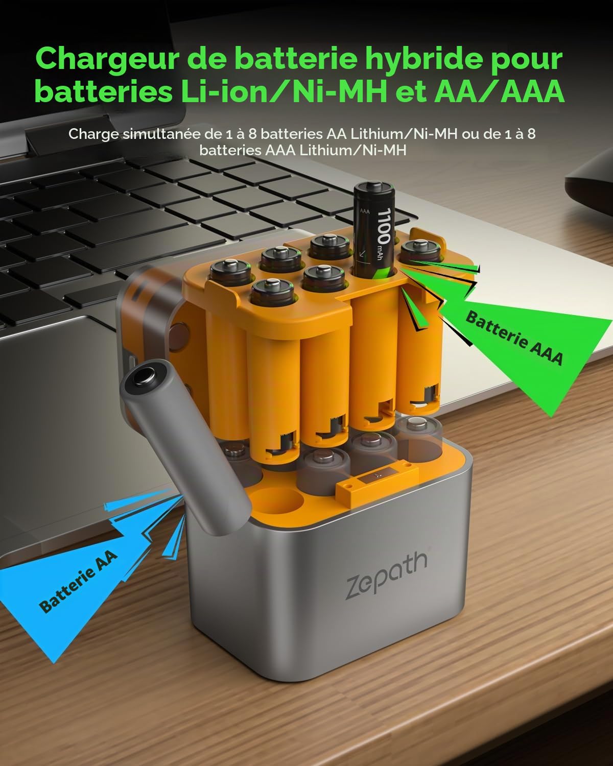 Chargeur hybride Li-Ion/NI-MH avec 8 piles AAA rechargeables NI-MH, 1100 mAh de haute capacité 1,2 V AAA, 8 chargeurs pour batteries AA/AAA, boîte de rangement de charge LED intégrée