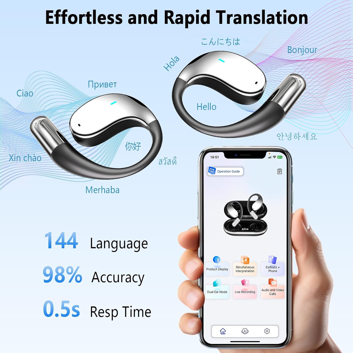 AI Translation Earbuds Real Time,144 Language Translator Earbuds, audifonos traductores inglés español, Translating Device with 5.4 Bluetooth for Travel Business Learning - Image 2