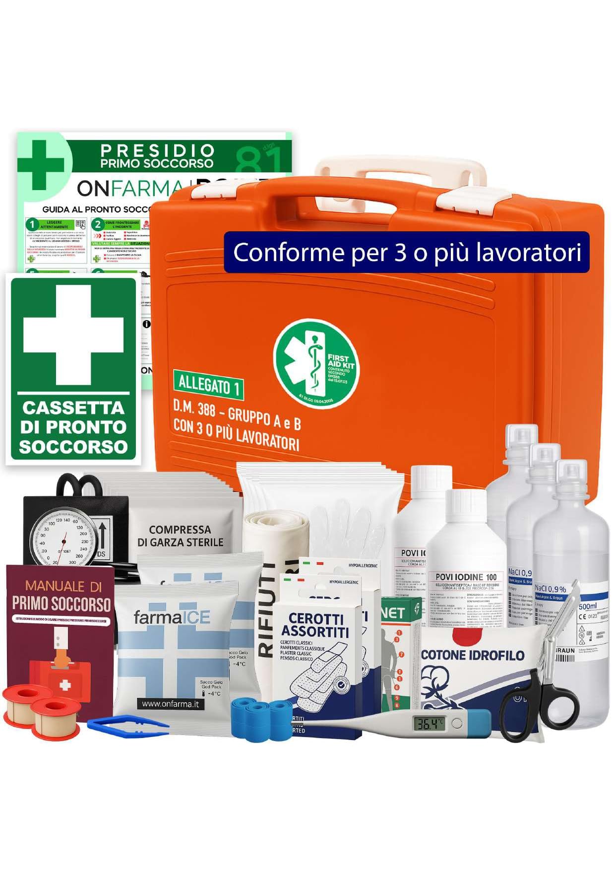 ONFARMA MEDIBOX2 cassetta medica primo pronto soccorso completa di Supporto a muro Misuratore di Pressione e Cartello di Primo Soccorso - Conforme DM 388 allegato 1 per aziende con 3 o più lavoratori