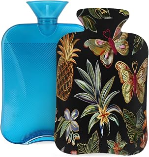 Hot Water Bottle with Cover Vintage Pineapple Butterfly Print, 2L Mini Hot Water Bag for Pain Relief, Cold Days, Gift for Women Men