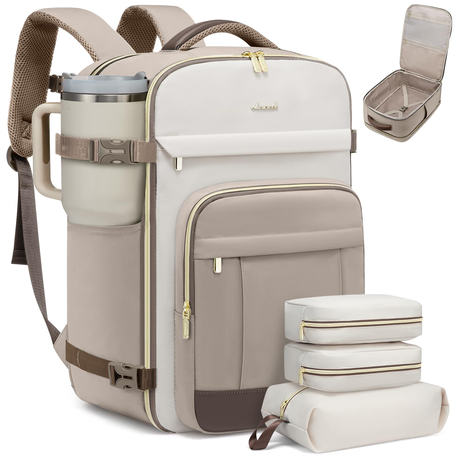 LOVEVOOK Bagaż podręczny, plecak podróżny, 40 l, kieszeń na laptopa, wodoszczelny, 15 kieszeni (Khaki-beż-brąz piaskowy, 18 cali – 50 L – 4 szt)