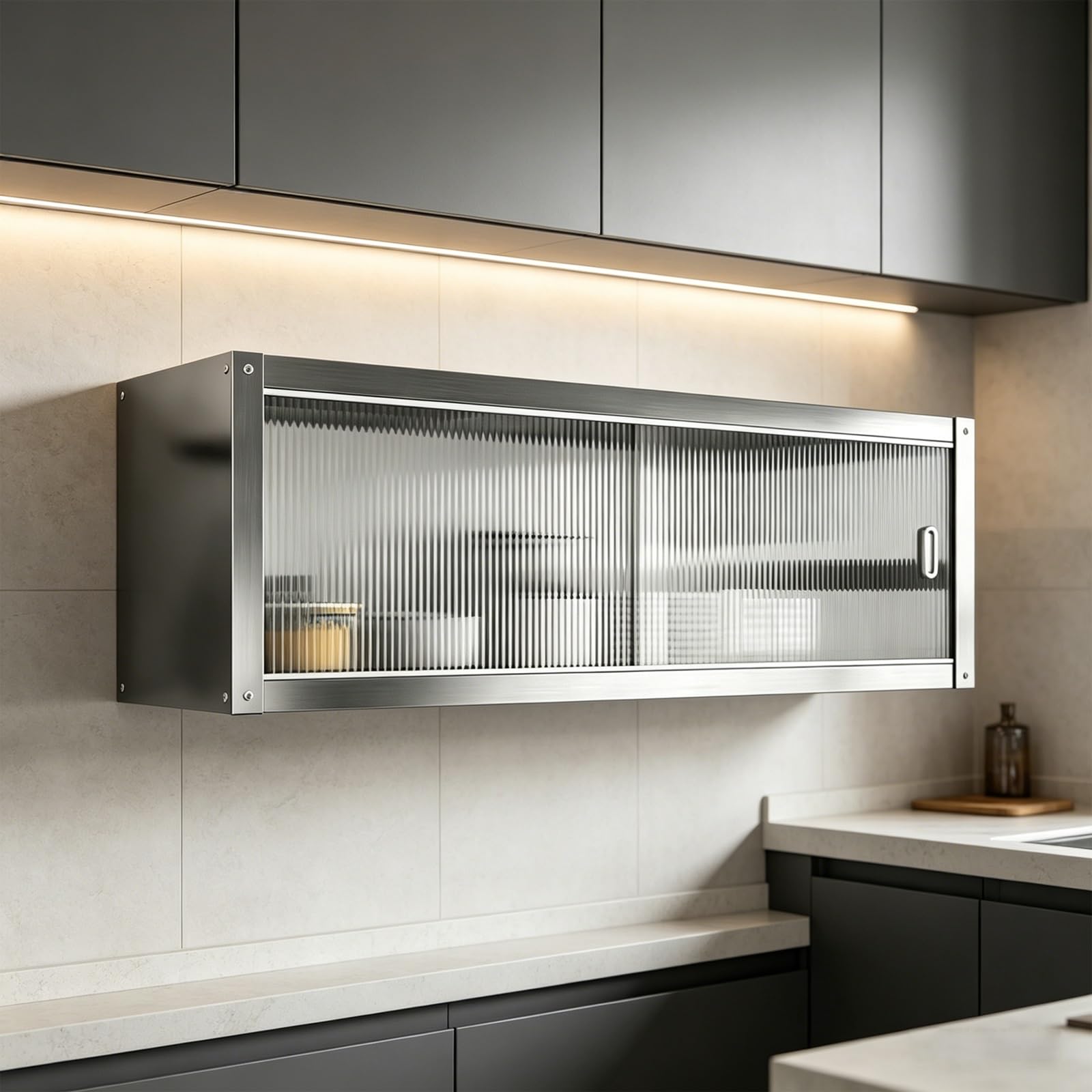 Armadietto da parete galleggiante con struttura in acciaio inox e anta in acrilico temperato, facile installazione, set completo di hardware per statuette e oggetti da collezione, ideale per cucina o