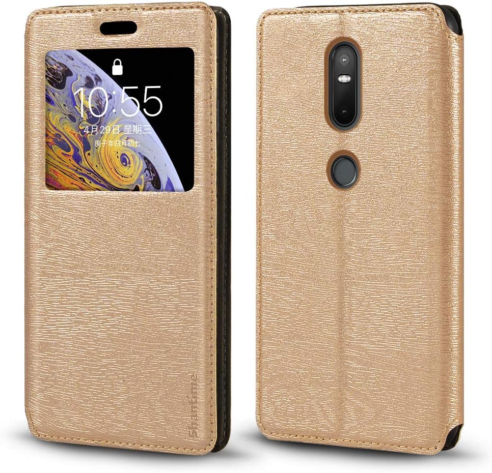 Invisible Magnetic View Window PU Leather Flip Case Compatible with Lenovo Phab 2 Plus, Smart Clear Display Cover with Full Protection (Gold)