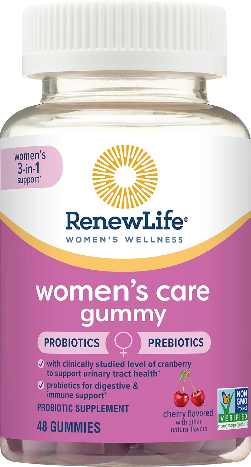 Renew Life Probiotics for Women Gummies, 2 Billion CFU, Soy Dairy & Gluten Free, with Prebiotics, Probiotics & Cranberry, Supplement for Digestive, Vaginal & Immune Health, 48 Gummies