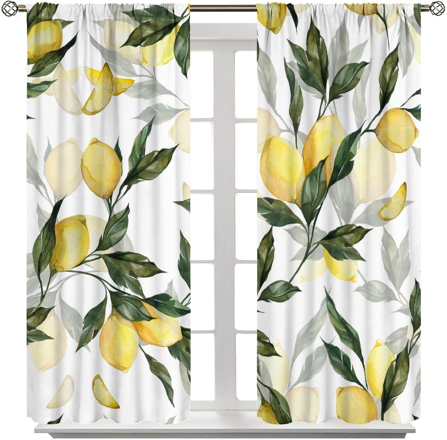 Lemon Curtain Watercolor Fruits Green Leaves Plant Pattern Blackout Print Rod Pocket Window Drapes for Bedroom Living Room 52x84in