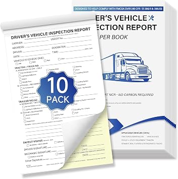DVIR Inspection Book 10-Pack Pre-Trip Inspection Forms for Truck Drivers, 2-Part NCR White & Yellow, 35 Sets per Book, 5.5"x8.5", Meets 49 CFR 396.11 & 396.13, Writing Board Included