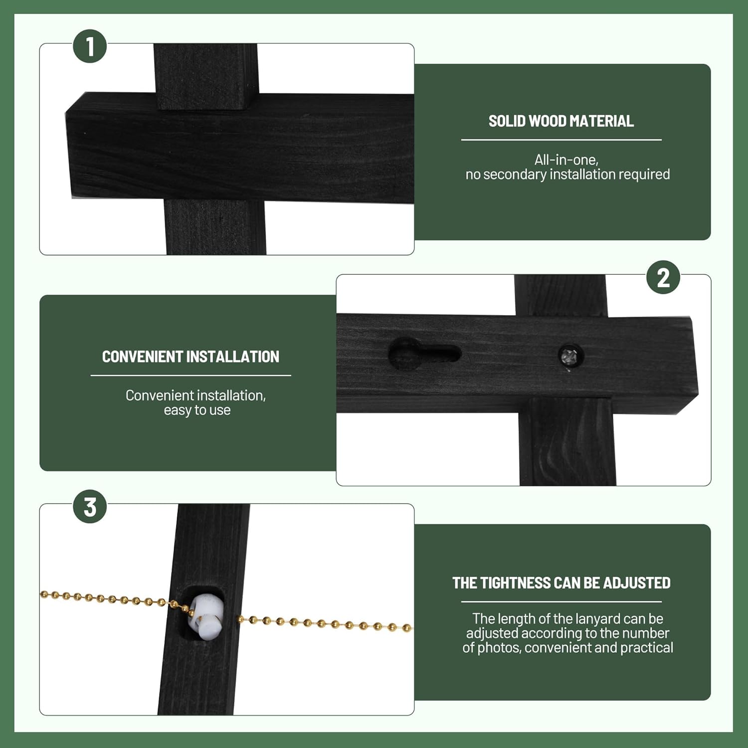 PHOENANCEE Wood Picture Frames Collage,Photo Display With 30 Clips,Hanging Picture Board Wall Decor for Graduation Letter Postcard Greeting Card Organizer,Pine,Adjustable Bead String,2 Pack,Black