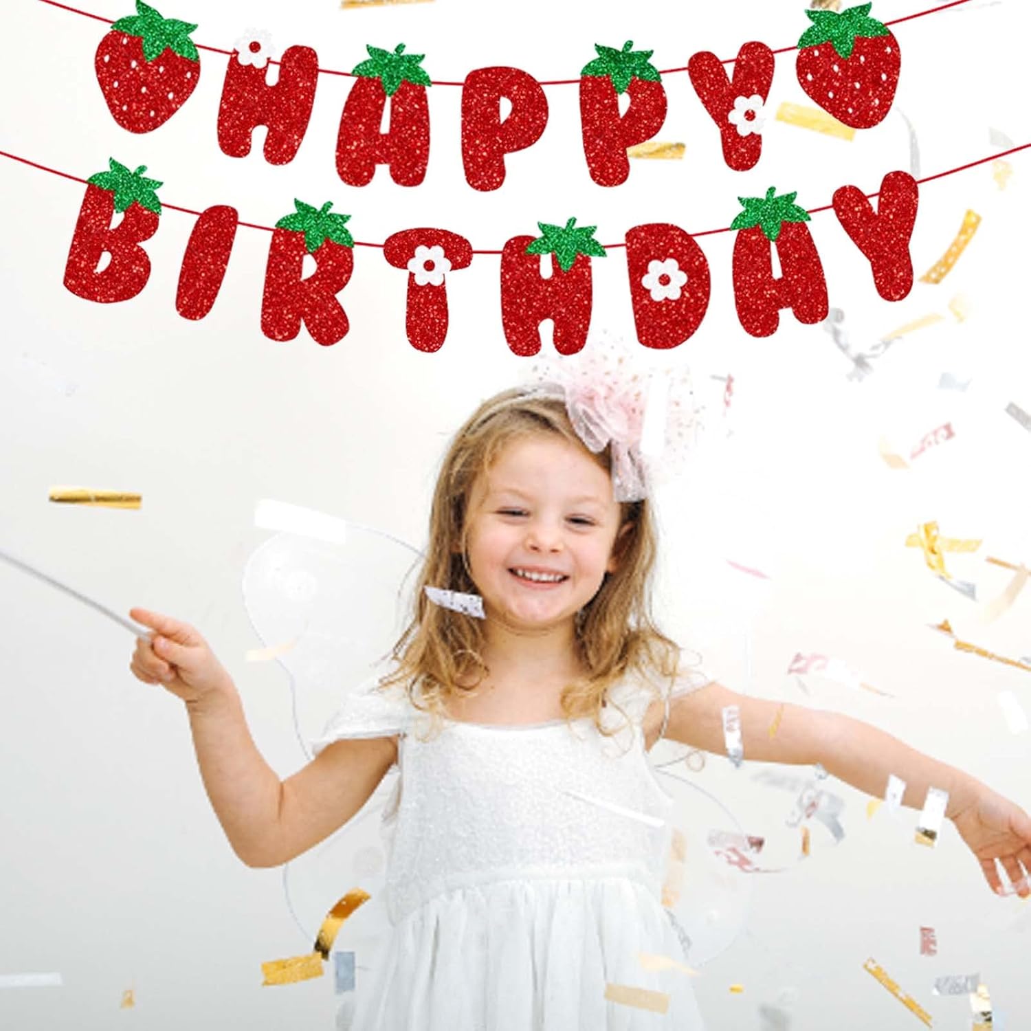 Strawberry Happy Birthday Banner, Glitter Strawberry Banner, Strawberry Theme Birthday Garland for Birthday Party Hanging Decorations - Image 3