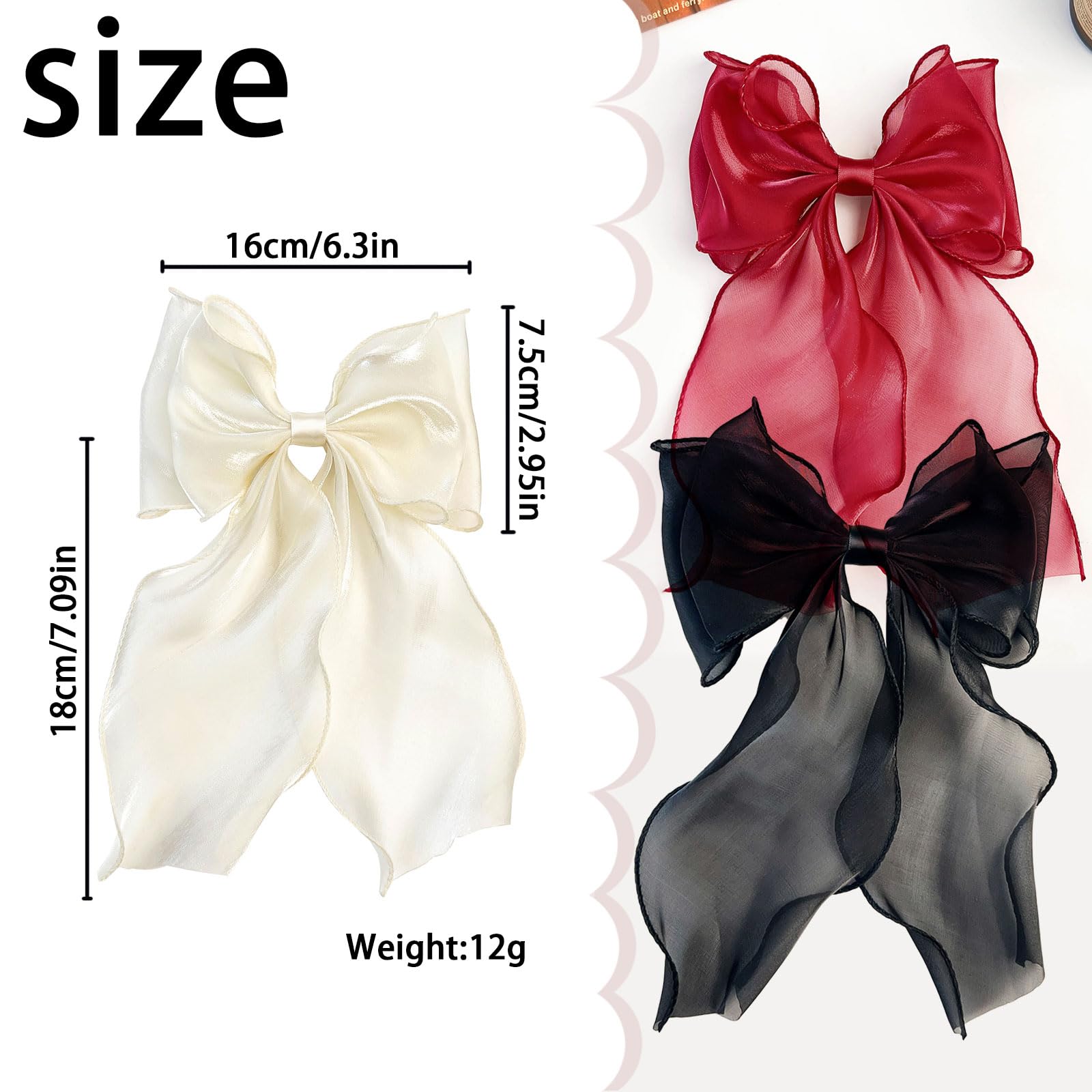 GWAWG Purple Bow Hair Clip Set, 3 Pcs Hair Bows for Girls Women Hair Accessories, Elegant Pink, Black, White Bow Clips - Image 2