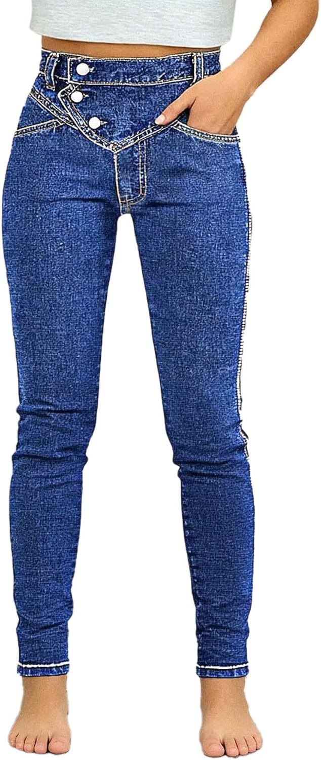 Flamingals High Waist Button Up Crossover Waist Skinny Jeans Butt Lifting Vintage Stretchy Washed Bootcut Denim Pants