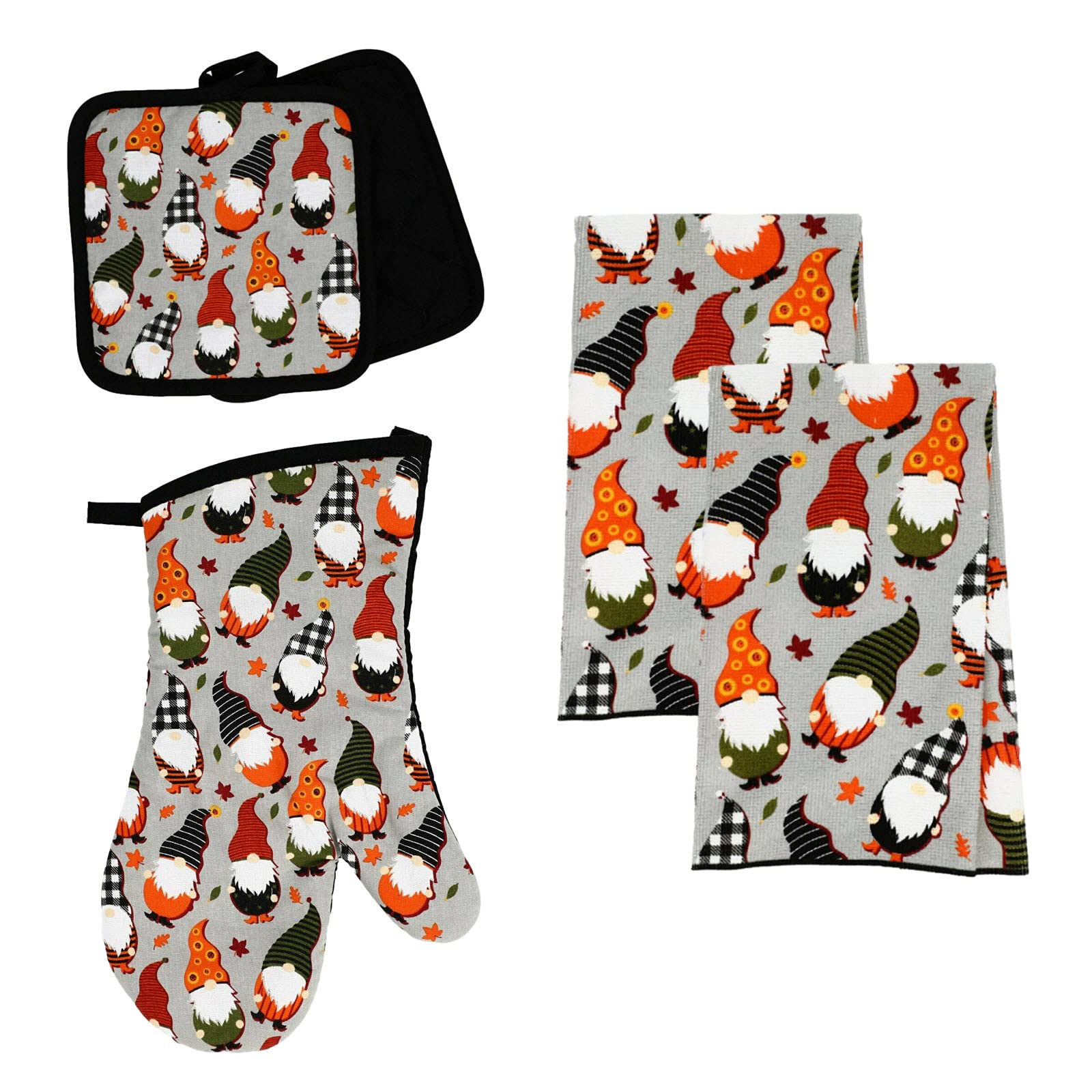 Modern Farmhouse Halloween Kitchen Towel Set with Pot Holders and Oven Mitt (Gnomes)