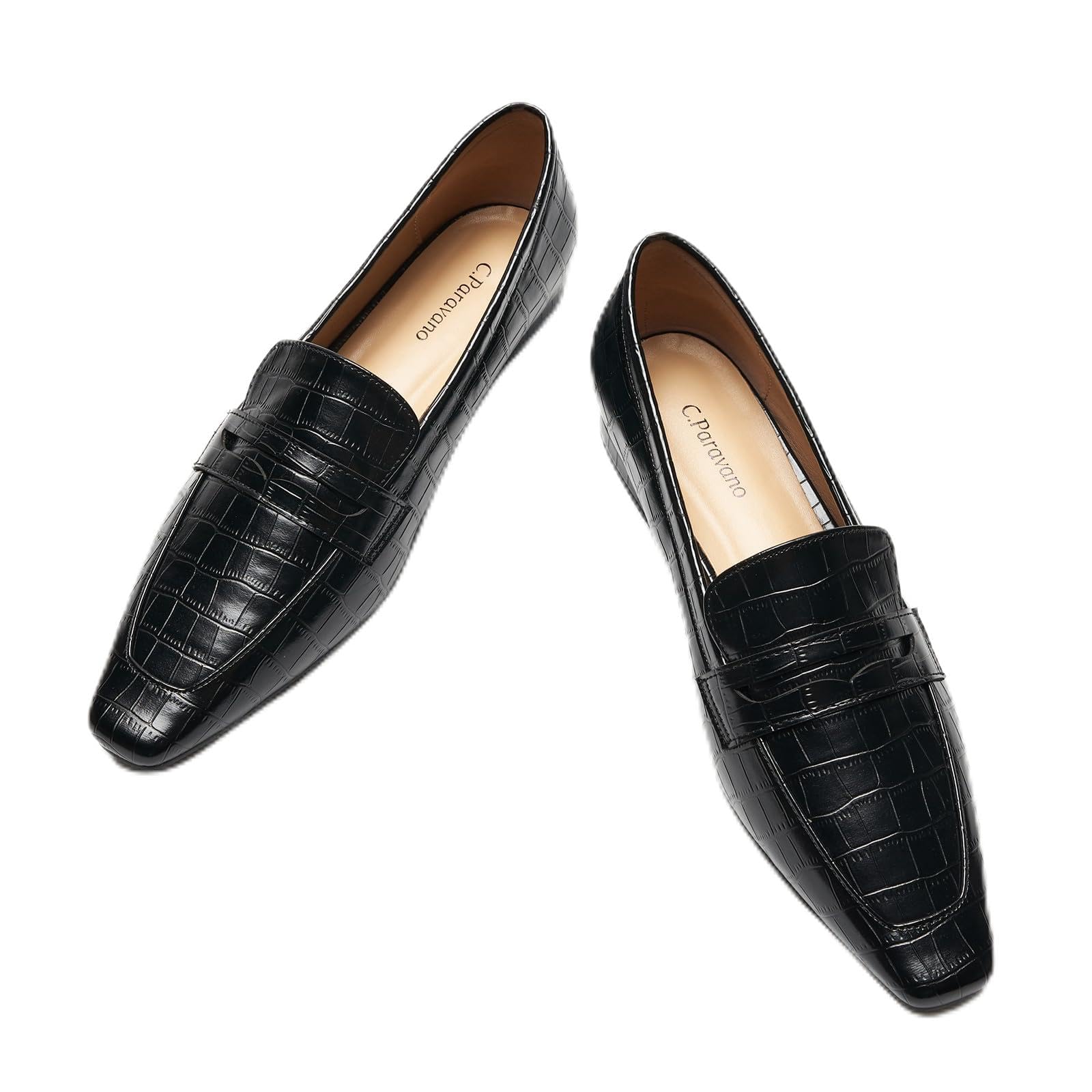 C.Paravano Penny Loafers for Women, Crocodile-Embossed Slip-ons Comfortable Dressy Formal Dress Square Toe Flats Loafer Shoes for Business Casual Wear