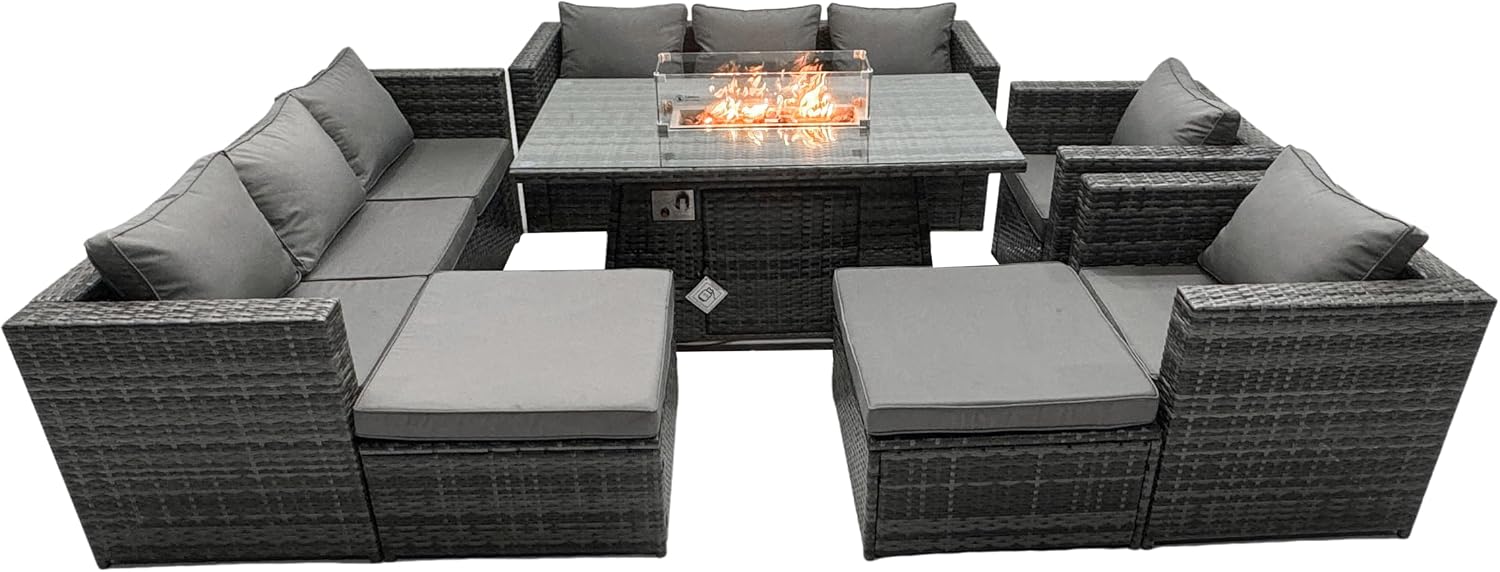 Rattan Garden Furniture Firepit Dining Set 10 Seater Lounge Sofa Table Set with 2 big Footstool