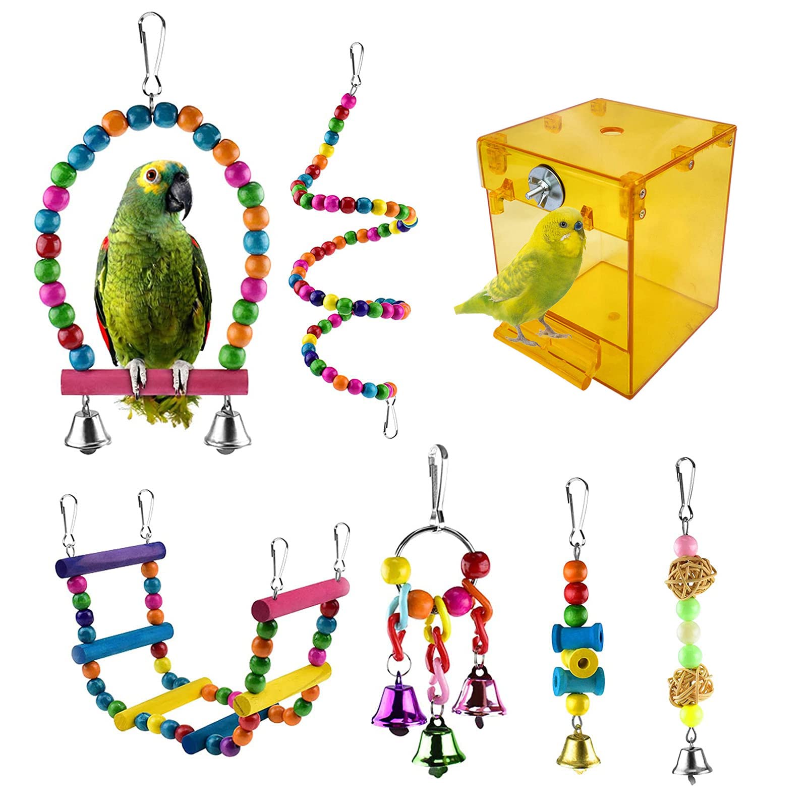 QeeHeng Bañera para pájaros, Caja de baño para pájaros, Bandeja para alimentador de Alimentos para pájaros pequeños, (Caja de baño para pájaros sin Fugas + 6 Juguetes para pájaros) (Amarillo)