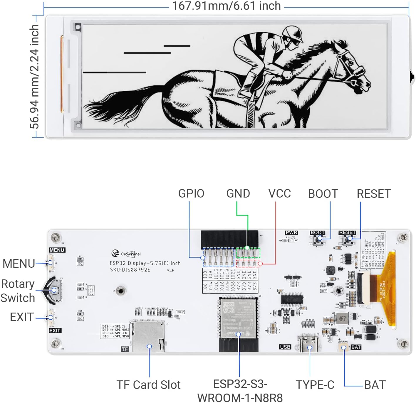 ESP32 E-Paper Display, 5.79 Inch E-Ink Display with 272 * 792 Resolution