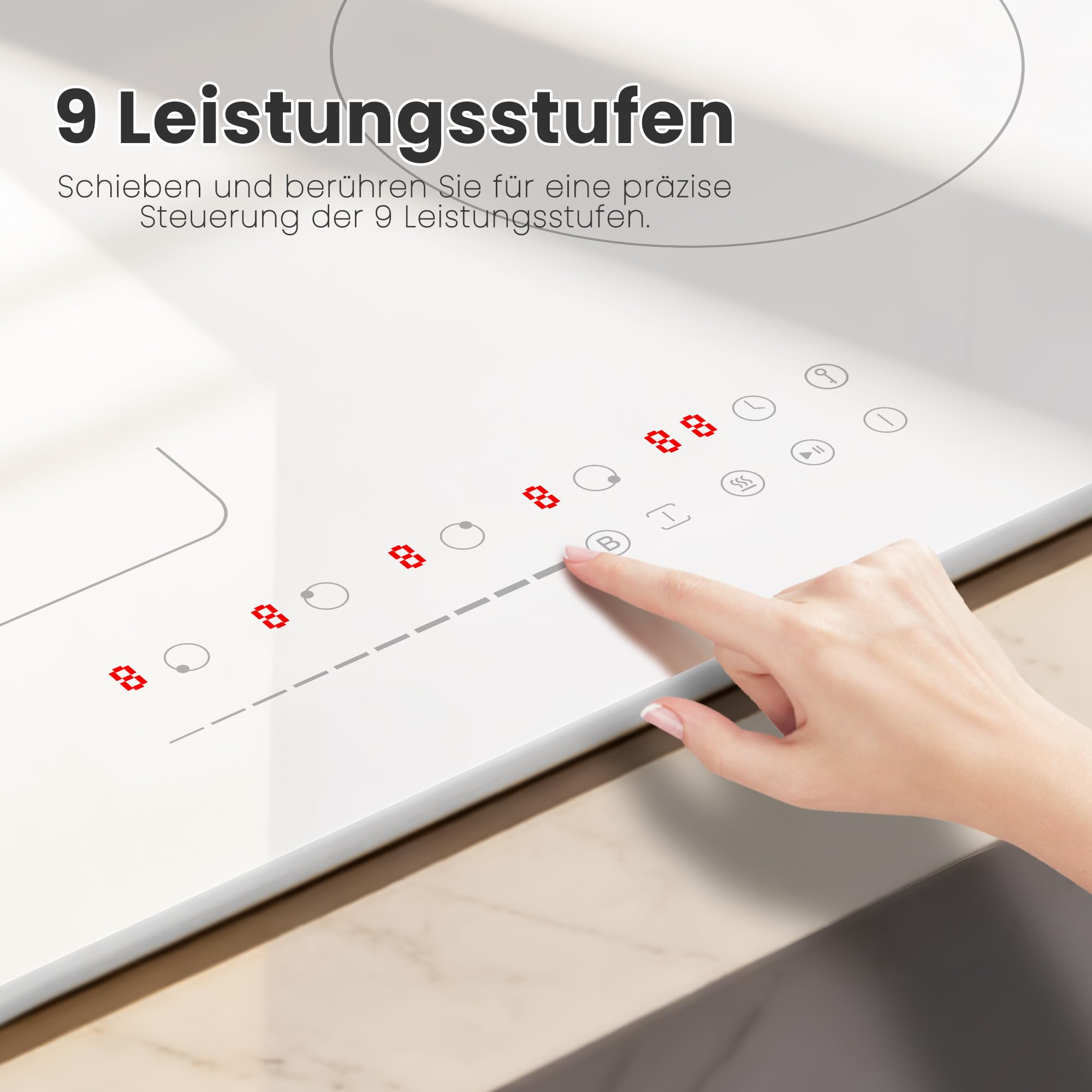 Karinear Piano Cottura Induzione 4 Fuochi, 60cm Piastra Induzione Elettrico con Flessible Zona, 3500W Piano Induzione con Spina, 9 Power Comandi Touch, Blocco di Sicurezza, Timer Lock, Booster, Bianco - 4