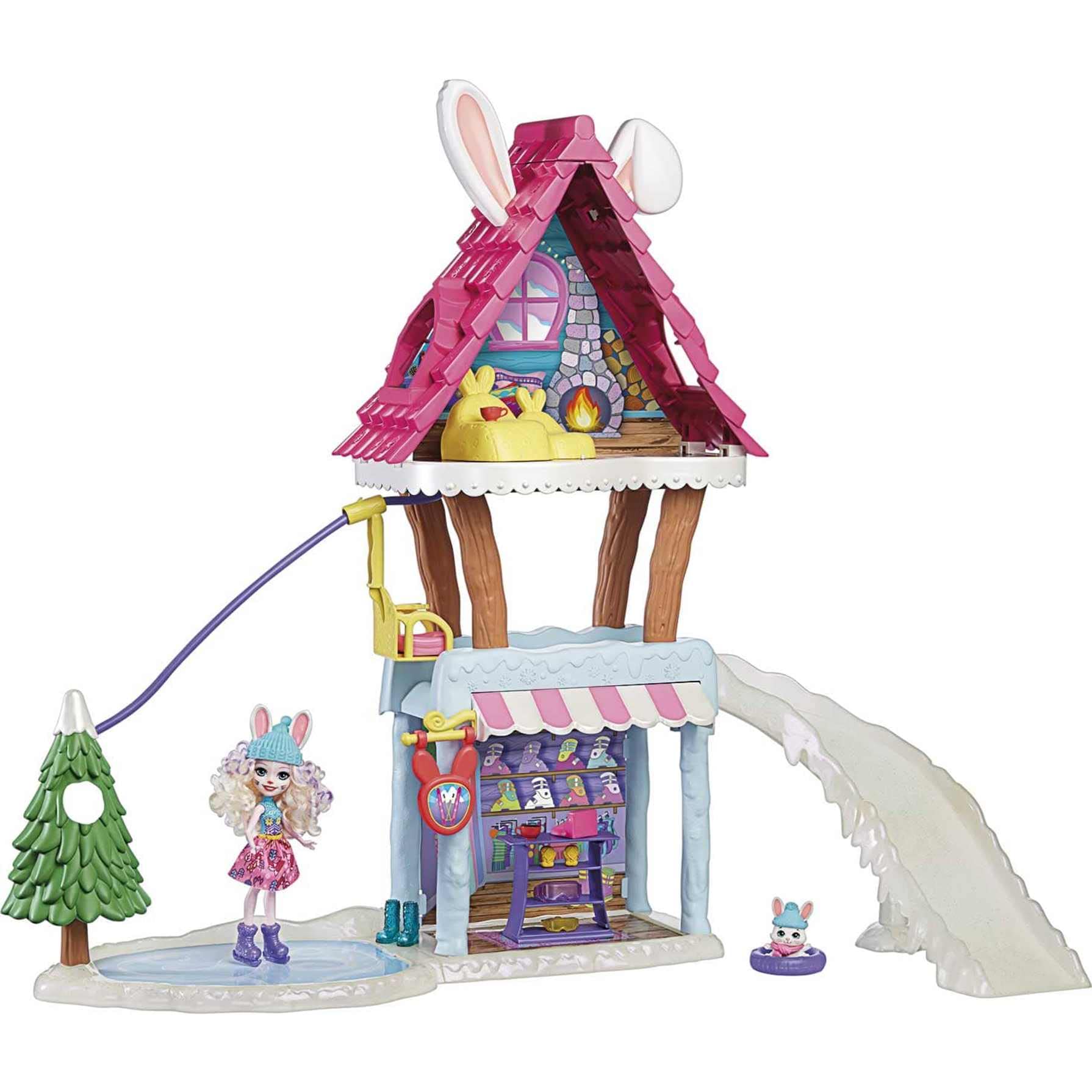 ?Enchantimals Hoppin’ Ski Chalet (25-in) with Bevy Bunny Doll (6-in) & Jump Animal Figure, with 5 Areas of Play, Go up Lift & Slide Down Slope, Makes a Great Gift for Kids Ages 3-8 Year Olds