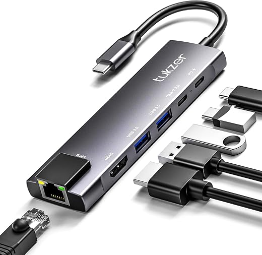 Tukzer 6-in-1 Type-C Hub to HDMI 4K@30Hz, 2 USB 3.0 Data, USB-C 3.0 Data, 100W PD with 1000M Ethernet RJ45, MultiPort Adapter Compatible with…