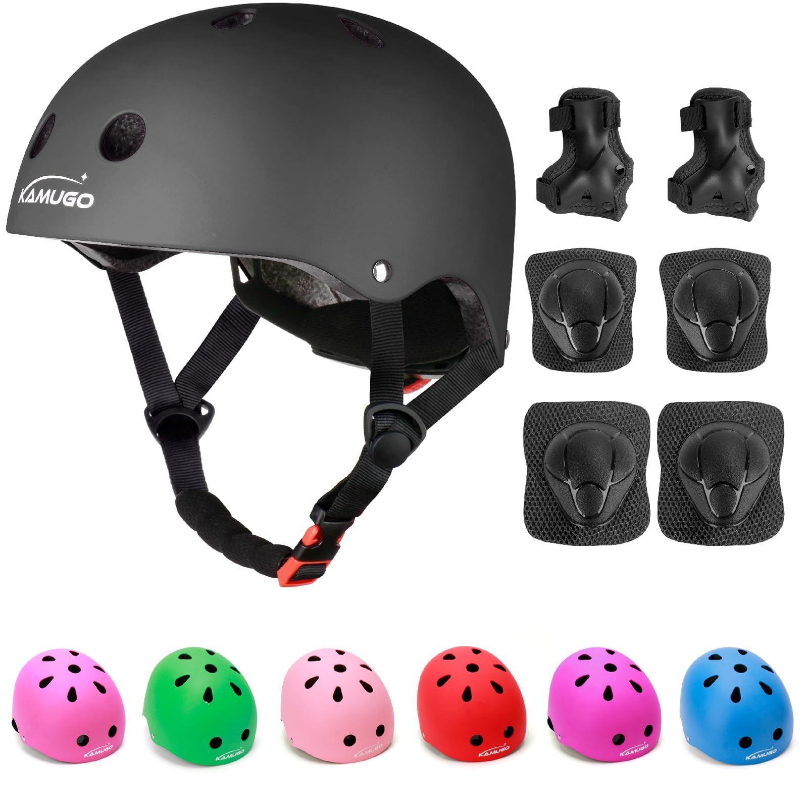 KAMUGO Kids Adjustable Helmet, with Sports Protective Gear Set Knee Elbow Wrist Pads for Toddler Age 2-8 Boys Girls, Bike Skateboard Hoverboard Scooter Rollerblading Helmet Set