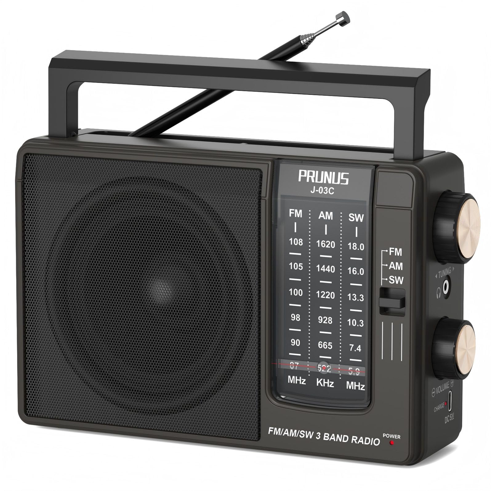 PRUNUS J-03C AM/FM/SW Radio Portatile, Radiolina Portatile Alimentata da Pile (4*AA) o Batteria Ricaricabile USB-C, Radio Portatili Piccola con Jack per Cuffie, Ideale per Cucina, Tavolo e Casa (Nero)