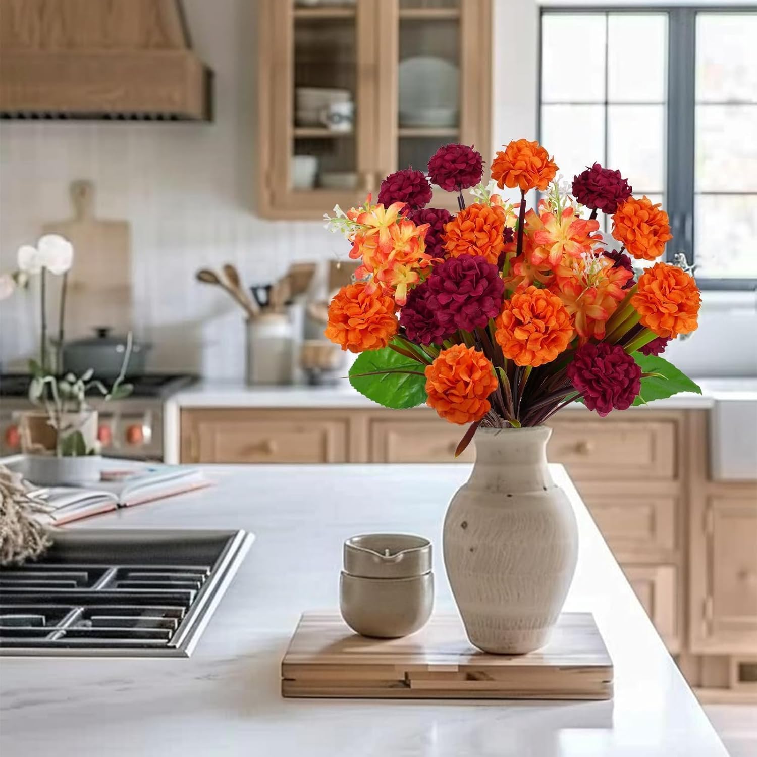 Fall Flowers Artificial 4 Bundles Fake Fall Mums Burnt Orange Chrysanthemum Flowers Artificial Bouquets Silk Mums for Outdoors DIY Thanksgiving Decorations Autumn Porch Decor Cemetery - Image 4