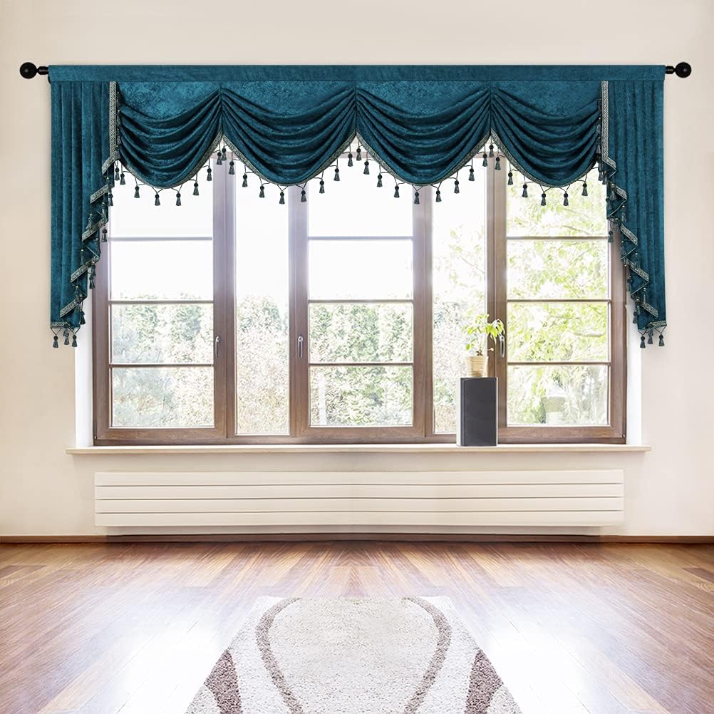 ELKCA Thick Chenille Window Curtains Valance for Living Room Peacock Blue Waterfall Valance for Bedroom,Rod Pocket (Peacock Blue, W110)