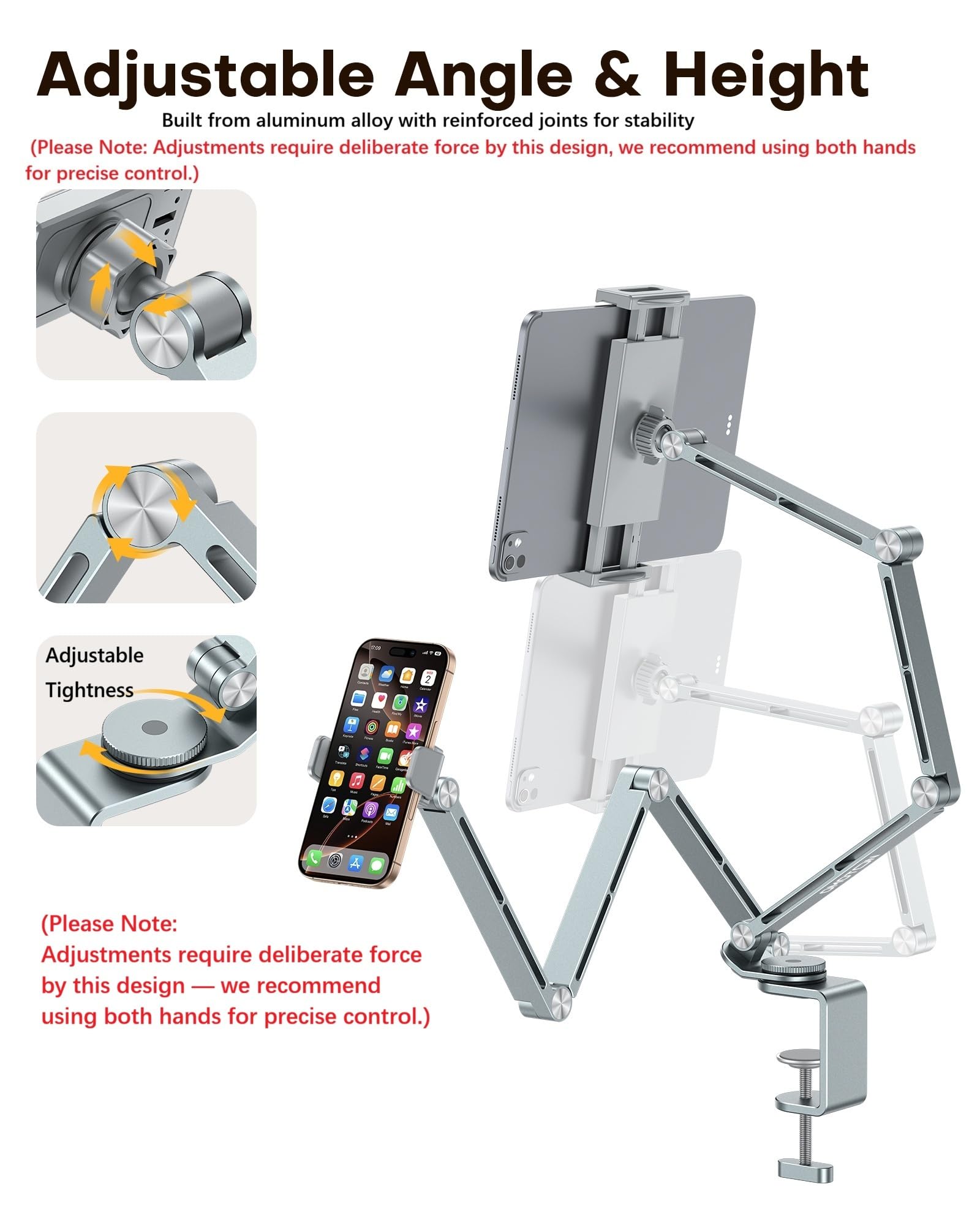 OMOTON Soporte para Tableta de Aluminio para Escritorio, Giratorio 360°, GH03 Soporte Ajustable con 2 Abrazaderas de Plástico (Teléfono y Tablet), para iPad/iPhone de 4 a 12", Gris