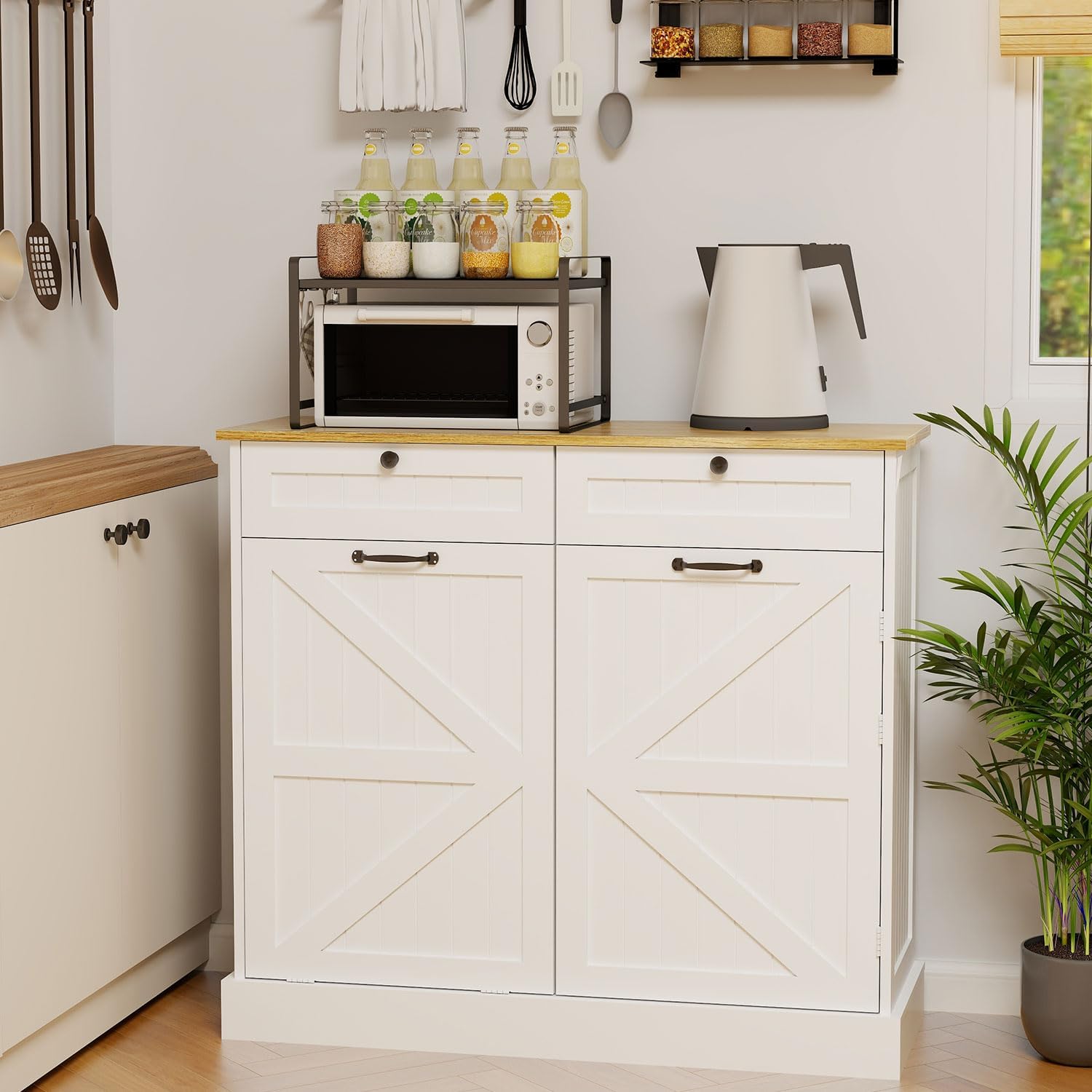 Kitchen Pantry Cabinet, Farmhouse Storage Cabinet with Tilt-Out Trash Can, 3 Door Shelves, 2 Drawers & 2 Shelves, Freestanding Wood Cupboard for Kitchen, Dining Room, Bathroom