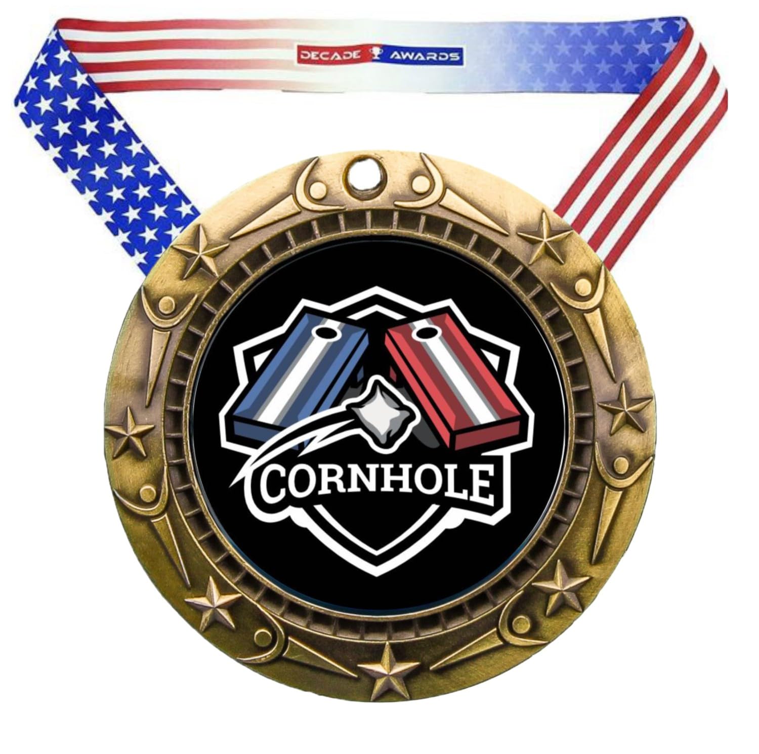 Decade Awards Cornhole World Class Engraved Medal | Cornhole Tournament Medallion 3 Inch Wide with Stars and Stripes V Neck Ribbon - Customize Now