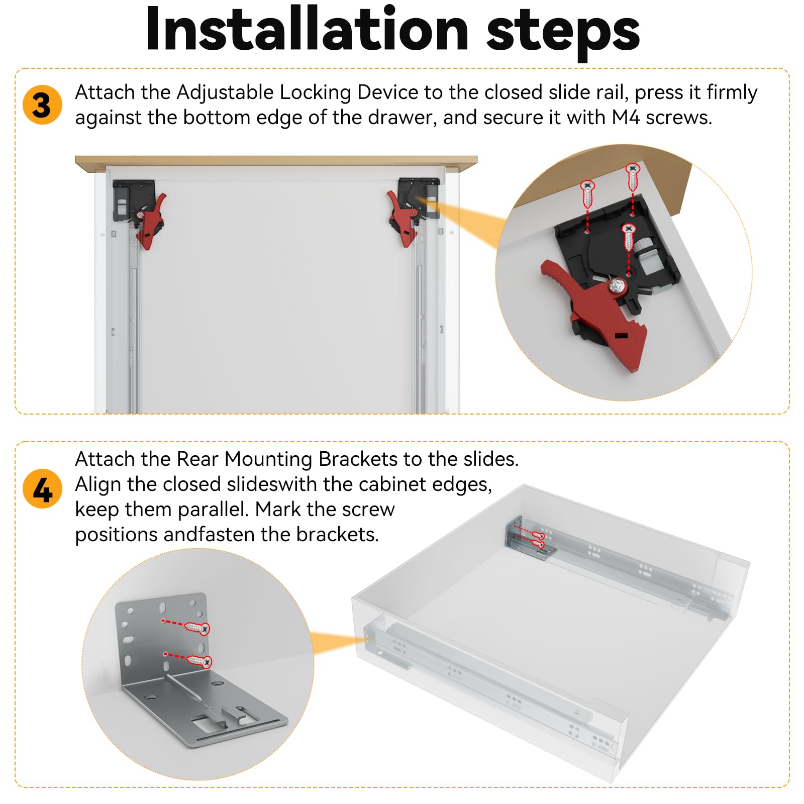 BAIDI CE 1 para prowadnic do szuflad z miękkim zamknięciem do montażu pod spodem 9 12 15 18 21 61 61 cm nośność 36 kg pełne przedłużenie ukryte dolne szyny montażowe urządzenia blokujące ukryte