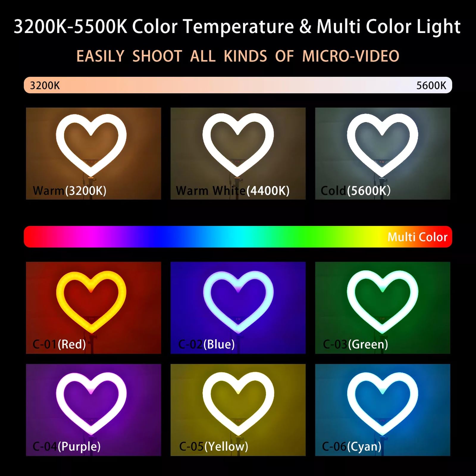 Ringlicht in Herzform, 30,5 cm (12 Zoll), RGB, LED, Herzform, mit Handyhalterung für Live-Stream/Make-up, kompatibel mit allen Smartphones