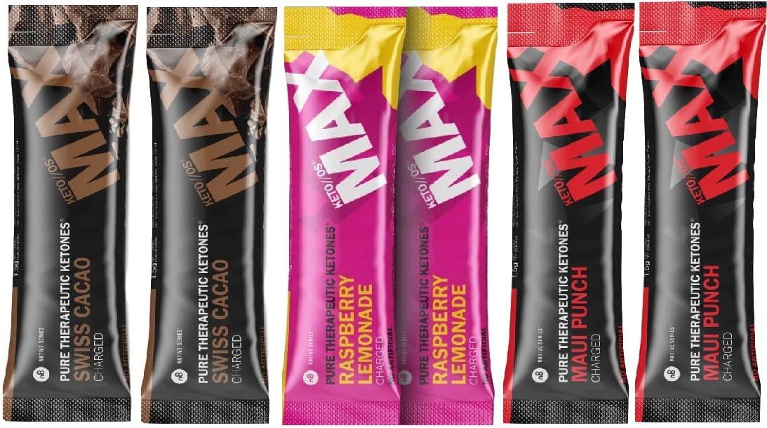 Pruvit Keto//MAX Charged Ketones 6 Pack Variety Bundle of 2 MAX Maui Punch, 2 MAX Swiss Cacao, 2 MAX Raspberry Lemonade, Guaranteed Ketosis and Great for Keto Diet and Lifestyle