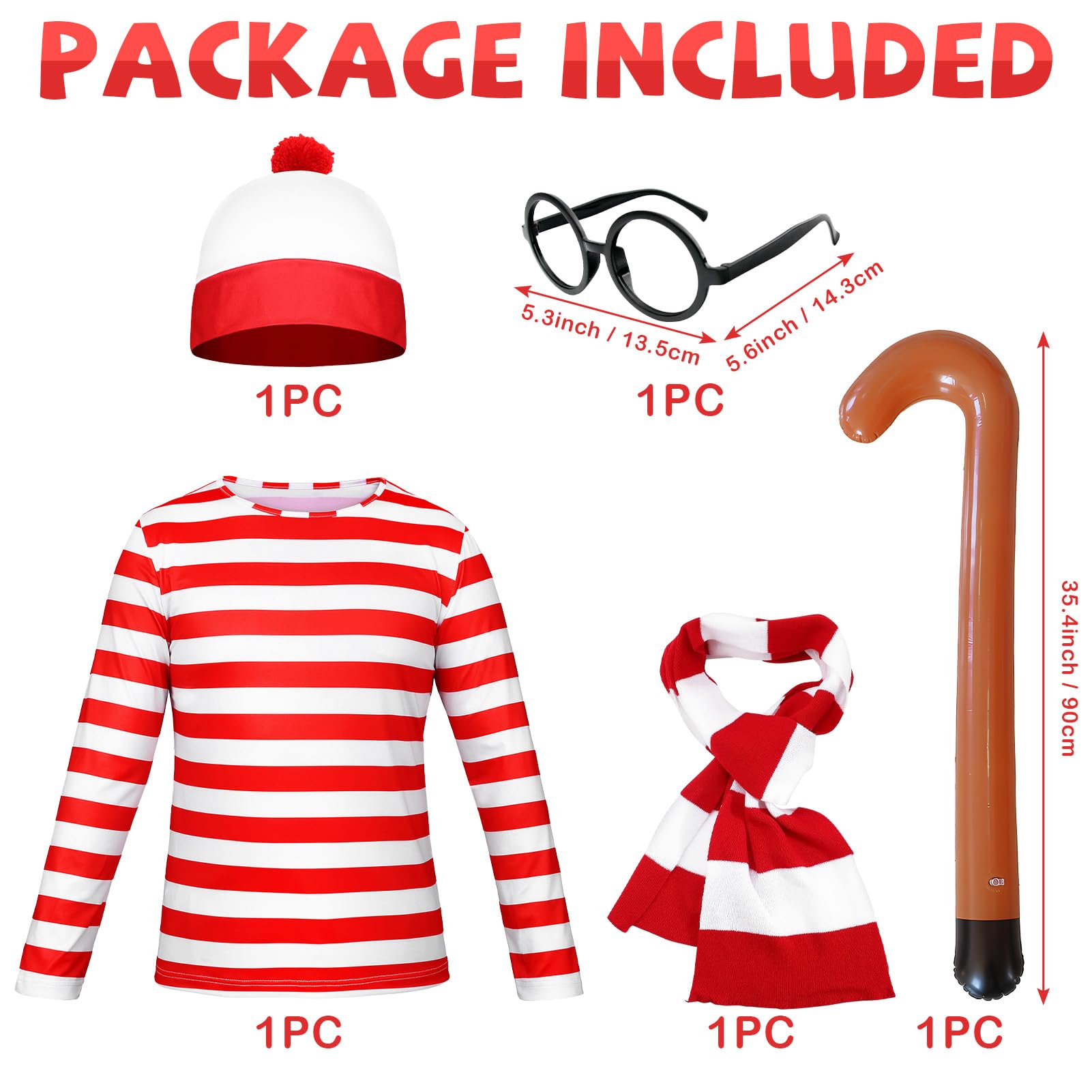 Suffolly Red and White Striped T Shirt Set for Adult 5PCS Wally Costume Hat T-shirt Cane Scarf Glasses Costume Set 90s 80s Fancy Dress Halloween Costumes for Men Women (Men - Image 3