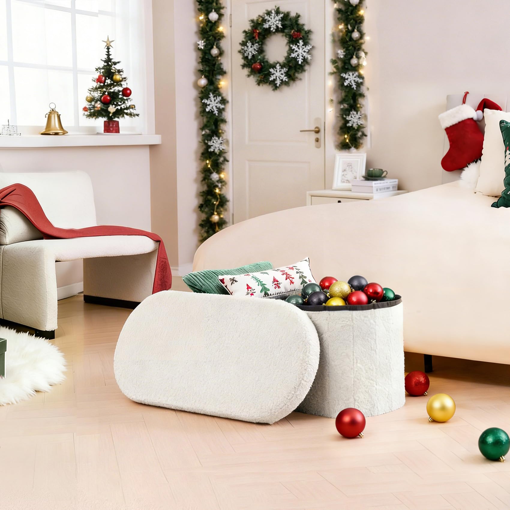 B FSOBEIIALEO Ottoman with Storage for Living Room, Sherpa Folding Storage Ottoman Foot Rest, 30 Inches Collapsible Bedroom Bench White