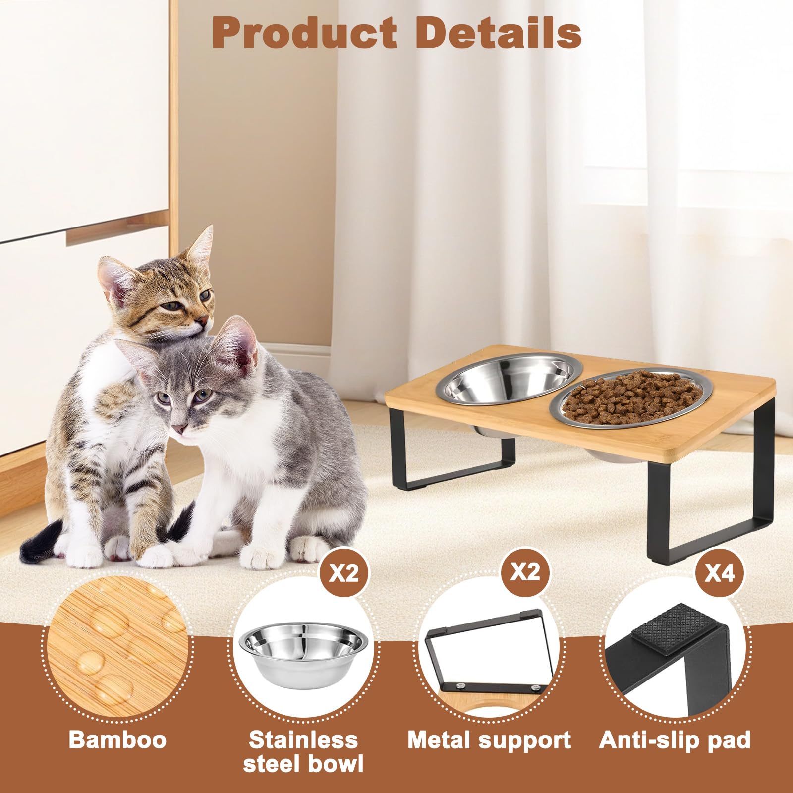 Comedero Gato Elevado con Soporte Bambú & Antideslizante Alfombrilla, Cuencos Perro 250ml Acero Inoxidable Dos, Soporte Madera Inclinado 15º, Comederos para Gatos y Perros Pequeños