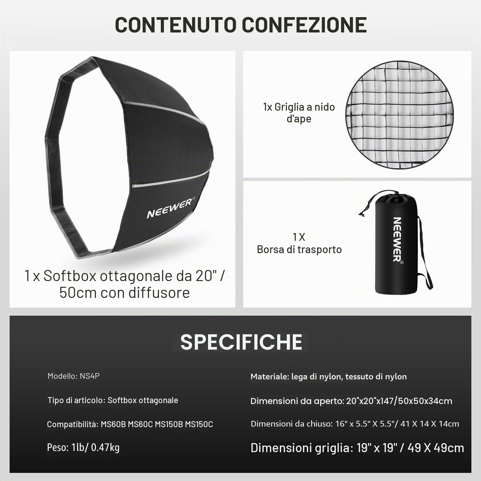 NEEWER Softbox Ottagonale 50cm con Attacco NEEWER (Non Attacco Bowens), Octabox Softbox Pieghevole con Diffusore Luce a Nido d'Ape/Griglia per Luce Video LED Studio MS60 MS60B MS60C MS150B, NS4P