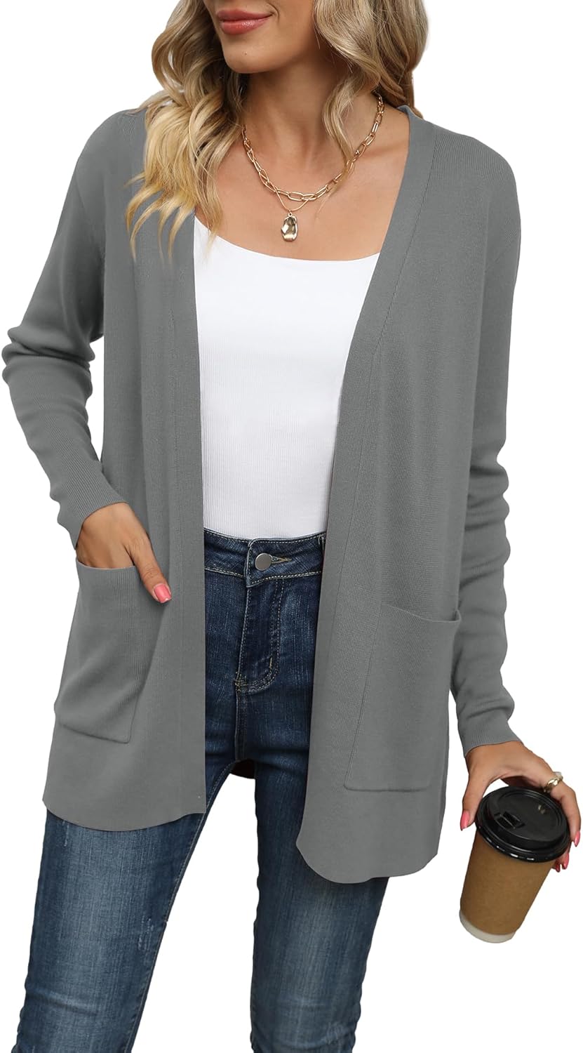 LILBETTER Womens Casual Lightweight Long Sleeve Open Front Cardigan Sweaters with Pockets