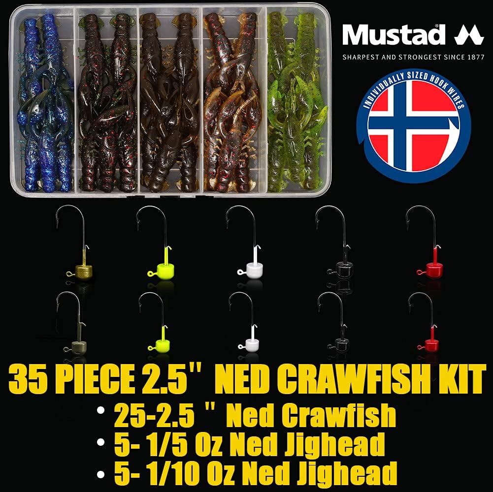 Ned-Rig-Baits-Kit-35 Piece-Crawfish-Bass-Soft-Plastic-Fishing-Lures with Finesse Shroom Jig Head 2.5 inch : Sports & Outdoors