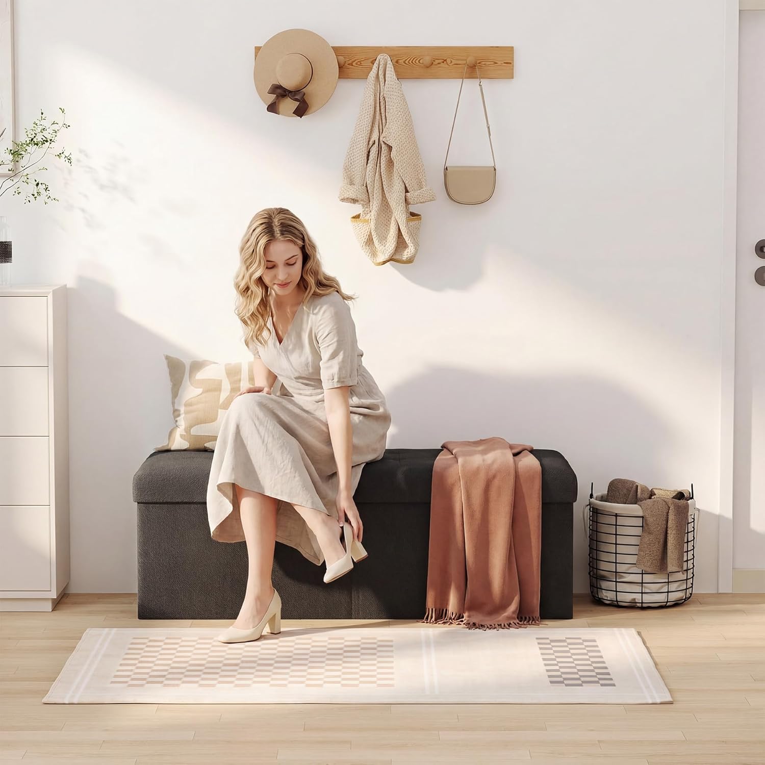 JIUYOTREE 31.5 Inches Ottoman with Storage Bench, Foldable Footstool, Ottoman Foot Rest, End of Bed Bench, Multi-Functional Seat, Storage Chest for Living Room, Bedroom, Entryway (Black)