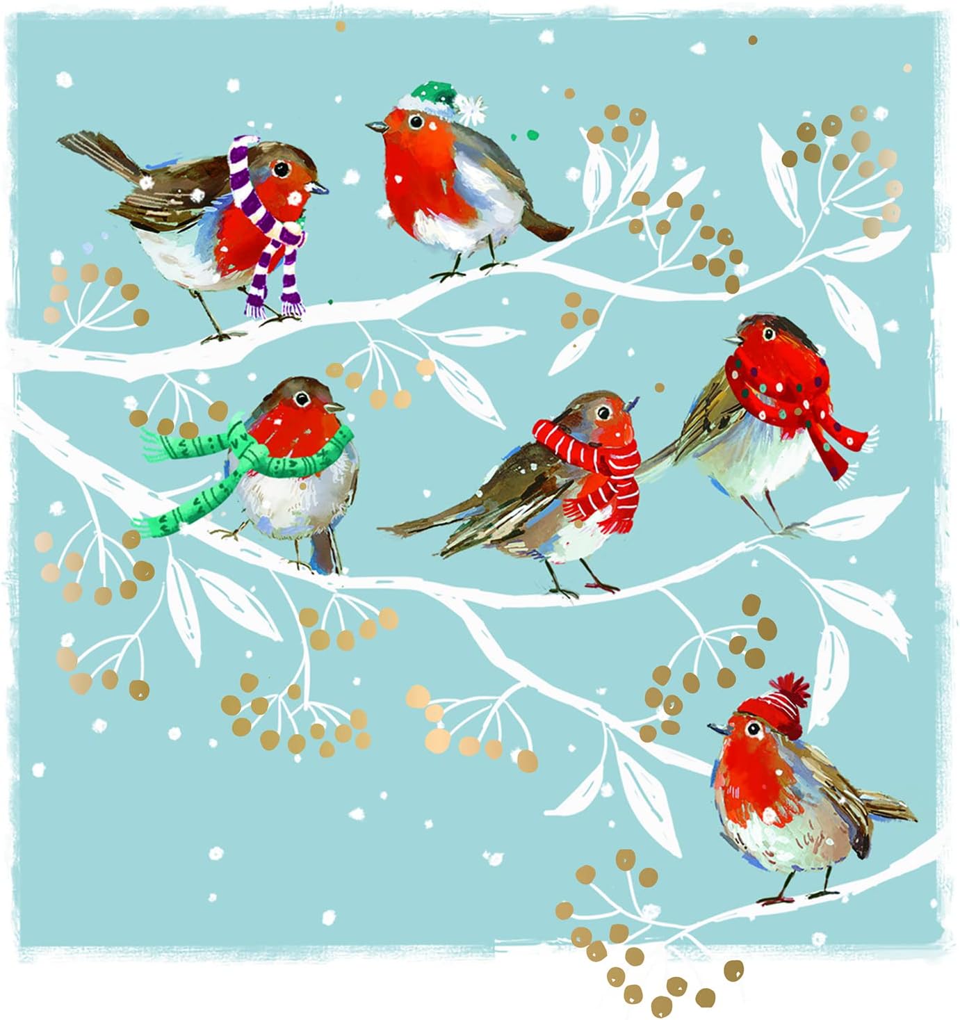 Ling Design Pack of 6 Artistic Charity Christmas Cards, 'Festive Robins', Robins Wearing Scarves