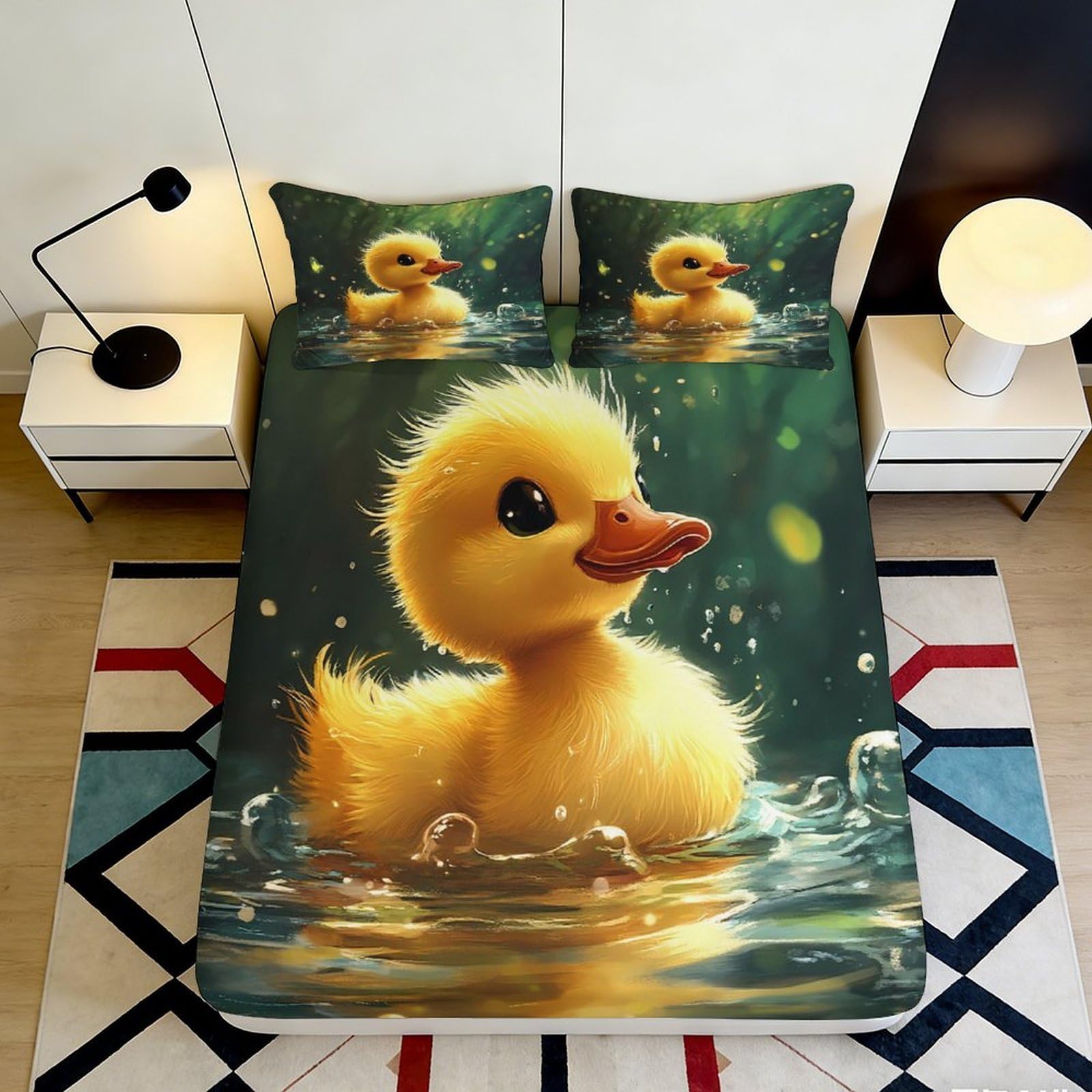 3D Printed Cute Yellow Duck Fitted Sheet Microfiber Soft Breathable Cartoon Duckling Bed Cover for Bedroom Dormitory Guest Room Mattress Protection 140x200x25cm