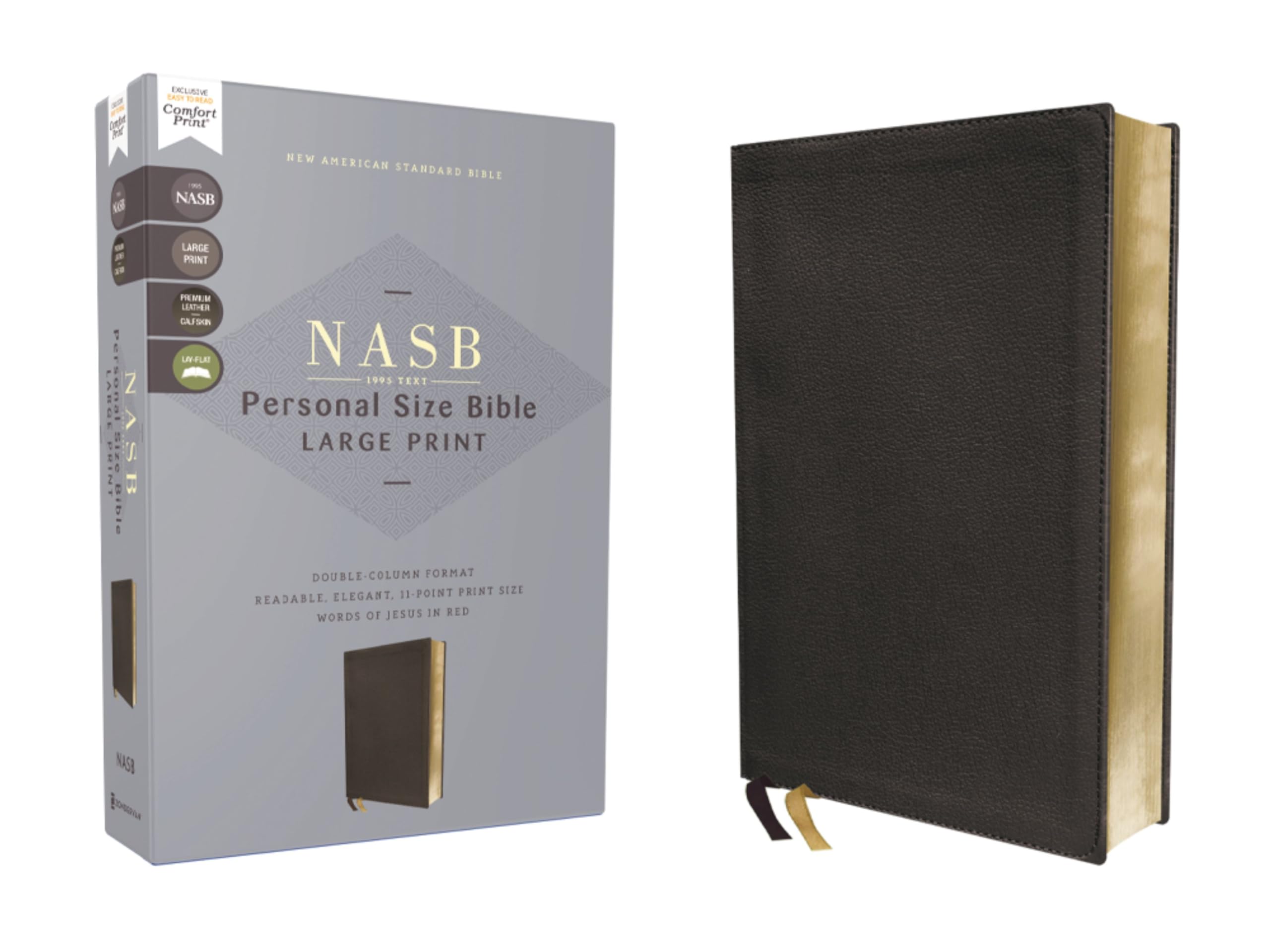 NASB, Personal Size Bible, Large Print, Genuine Leather, Calfskin, Black, Red