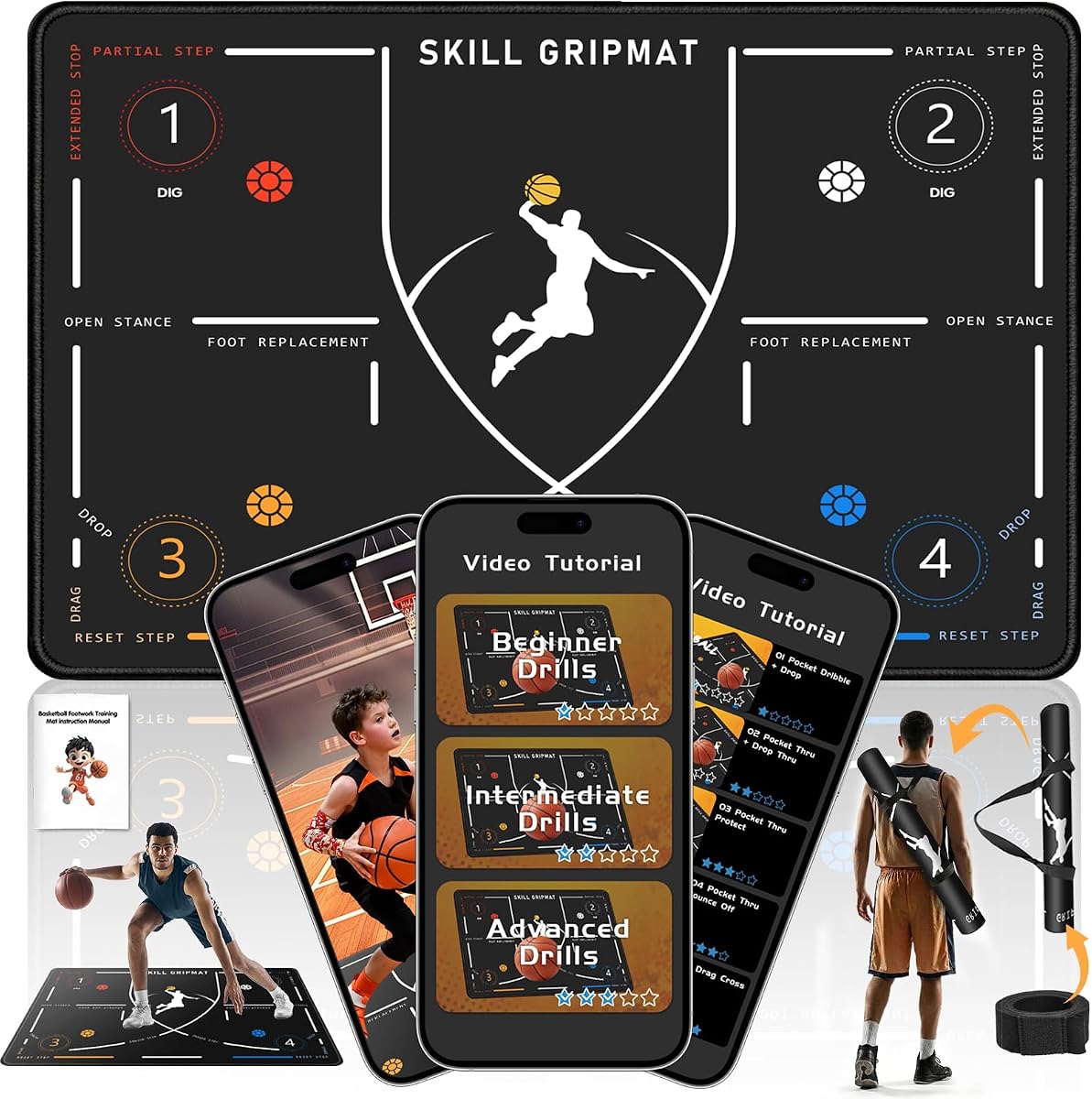 Portable Basketball Footwork Training Mat, Agility Footstep Training Mat, Basketball Pads for Training All Levels, Non-Slip Silent Equipment for All Ages to Improve Speed, Strength and Coordination